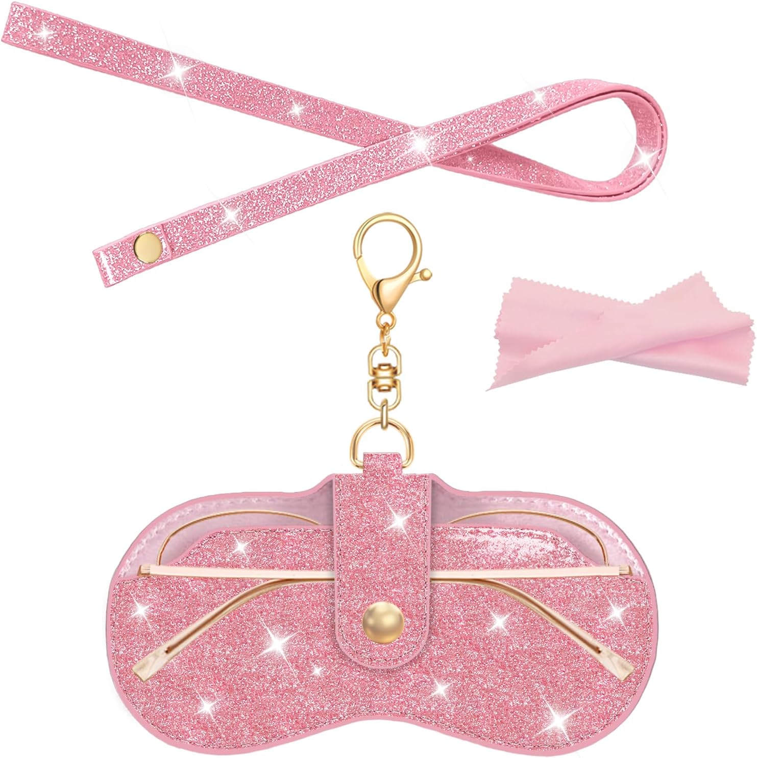 Glitter Glasses Case with Lanyard Soft Leather Sunglasses Bag with Hook | Neck strap, Portable eyewear clutch for travel, Ultra slim for purse, easier to access, Magnetic button, Cleaning cloth