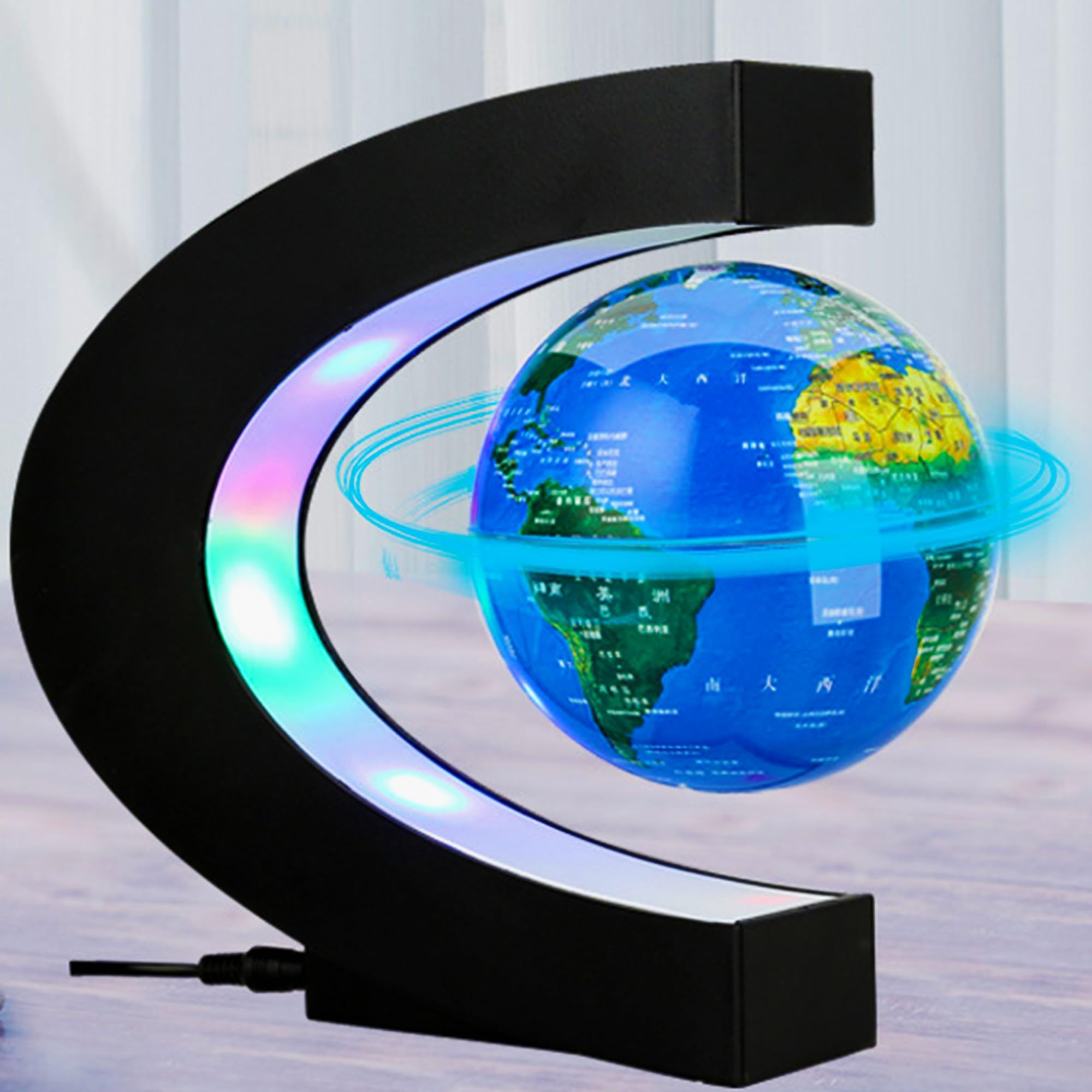 Magnetic Floating Globe with LED Lights, C Shape Magnetic Float World Map Floating Globe, Rotating World Map for Desktop Home Decor Office Decoration