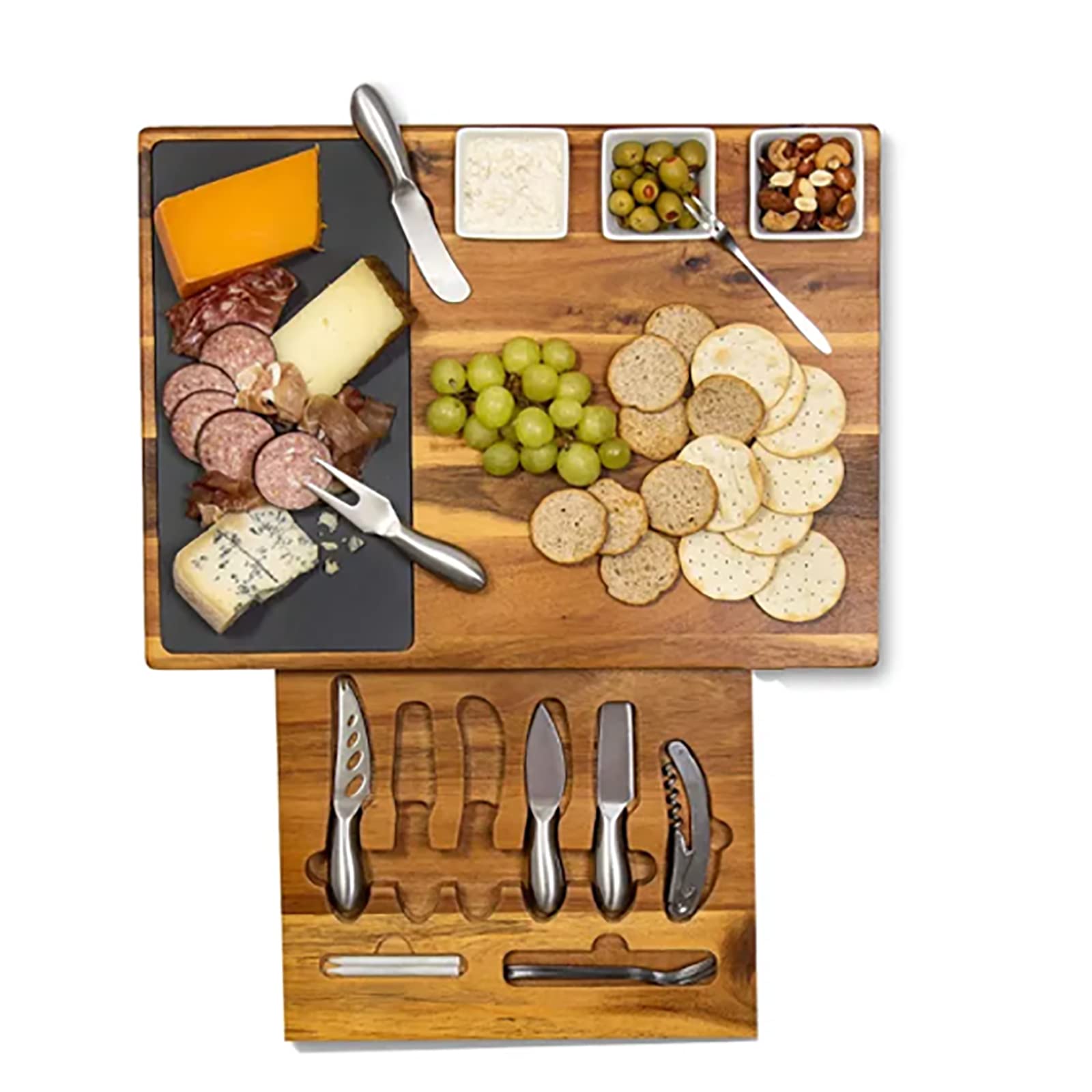 Käseplatte, Wurstplatte, Käse, Fleisch, Wein, Serviertablett Und Messerset Mit Besteck Und Ausziehbarer Schublade, Käseplatten, Komplett Ausgestattet, Für Wein, Cracker, Brie Und Fleisch