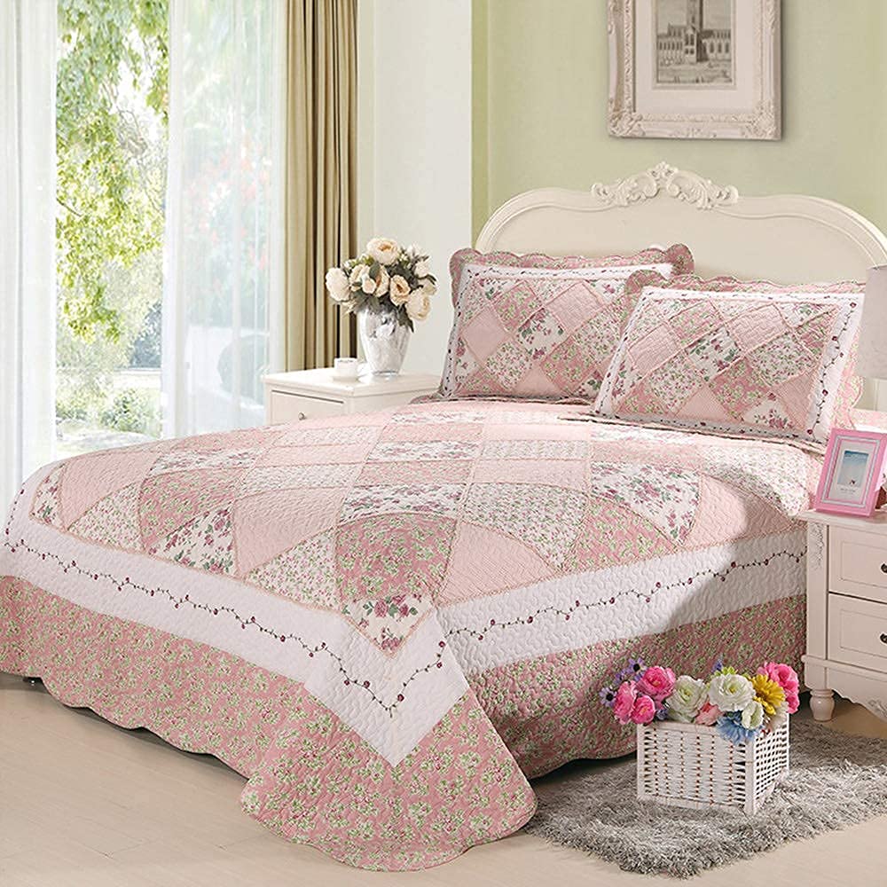 3-teiliges Tagesdeckenset aus Baumwolle, hypoallergen, gestepptes Bettdeckenset, 1 Bettdecke mit 2 Kissenbezügen, Queen-Size-Größe, 228,6 x 258,9 cm, Rosa, Romantisch
