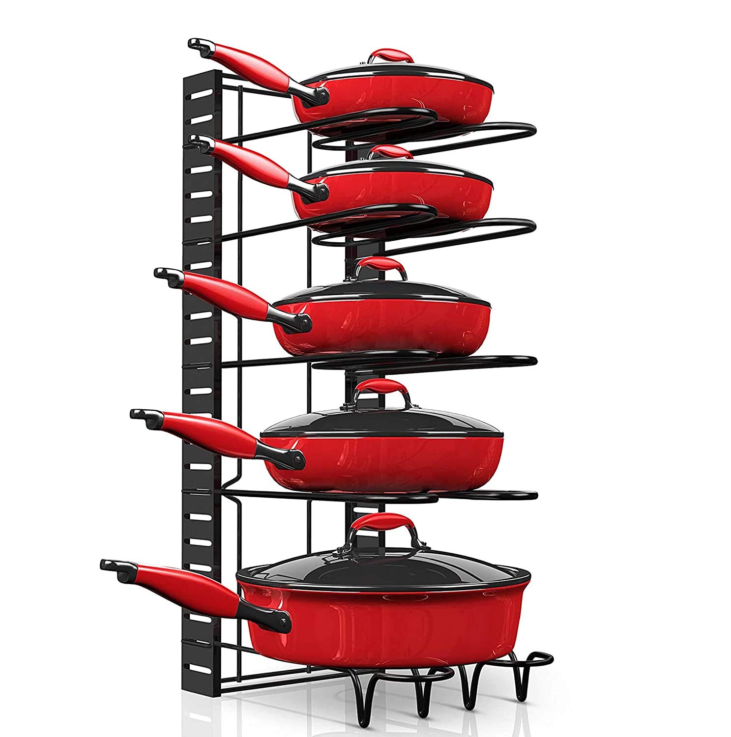 Dime Store Pot Rack Organizer Kitchen Organizer, 8 & 5 Tiers Adjustable Pots And Pans, Large Pot Lid Holders Pan Rack For Kitchen Cabinet Counter (5 Tiers Big Feet - Single Sided, Black) Cast Iron