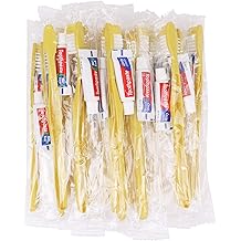 Disposable Toothbrushes with Toothpaste,200 Pack Yellow Hollow Individually Wrapped Disposable Travel Toothbrushes Kit in Bulk for Homeless,Nursing Home,Hotel,Charity