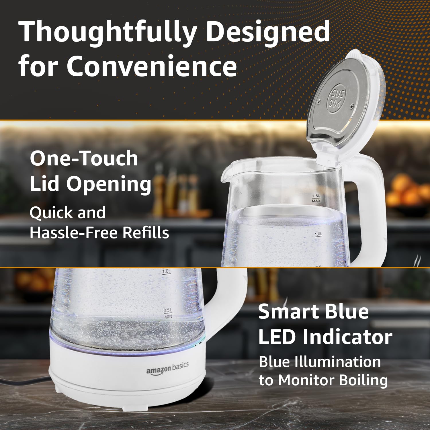 Amazon Basics 1.5 Litre Electric Glass Kettle | 1350W | 360° Swivel Base | Led Indicator | Dry Boil Protection |Auto Shut-off & Overheat Protection | Multipurpose Travel Kettle 4