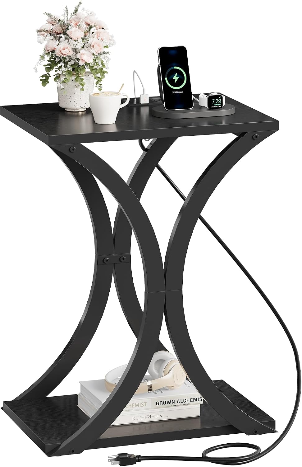 CHOEZON Black End Table with Charging Station, 2-Tier Narrow Side Table, Nightstand with Storage Shelf, for Small Spaces, for Living Room, Bedroom, Black TBZ20UBB