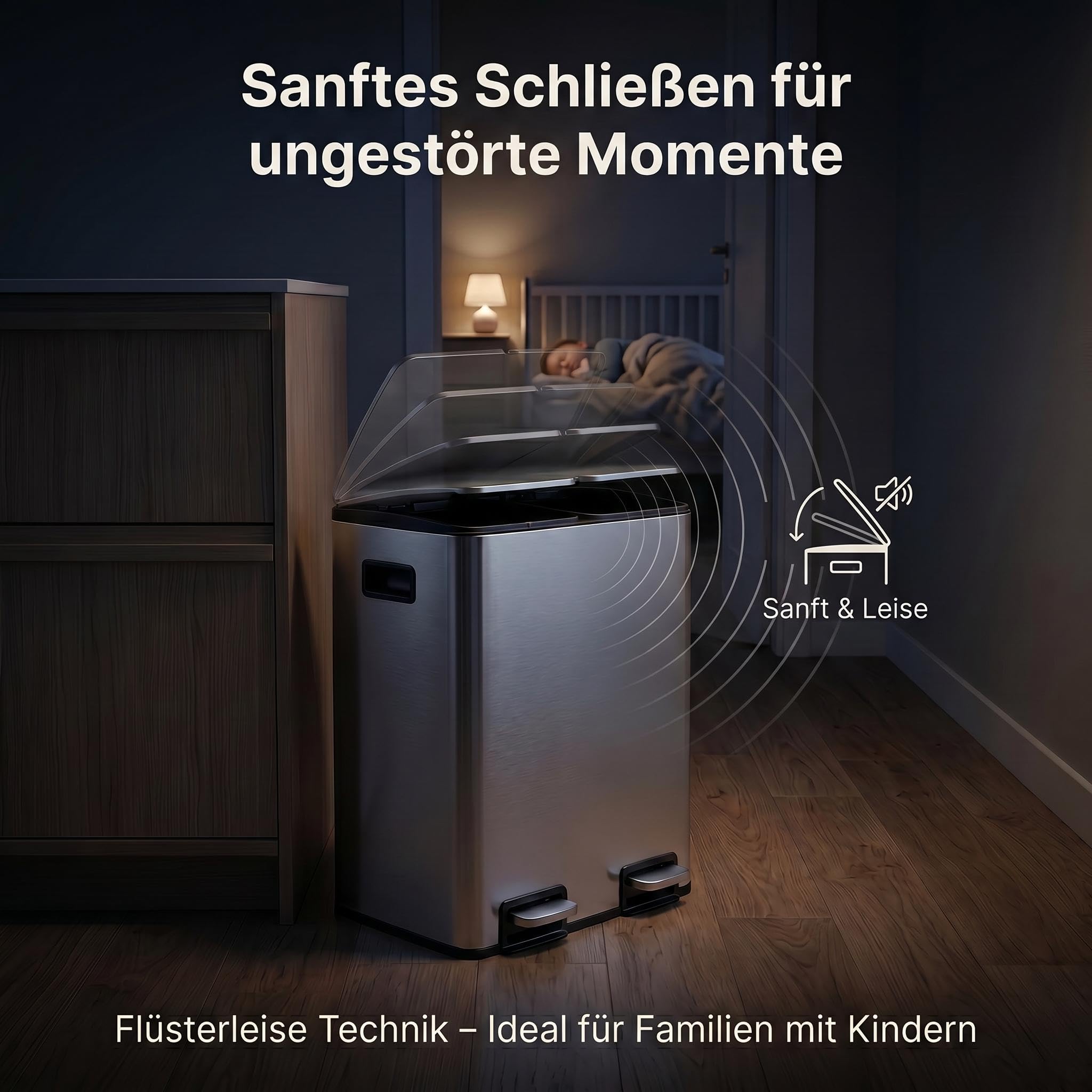 Mülleimer Küche 2 x 19 L(38L), Edelstahl Treteimer mit Deckel, Mülltrennsystem 2 Fächer, Abfalleimer mit Softclose, Fingerabdruckresistent, Pedaleimer mit Inneneimer für Küche Haushalt