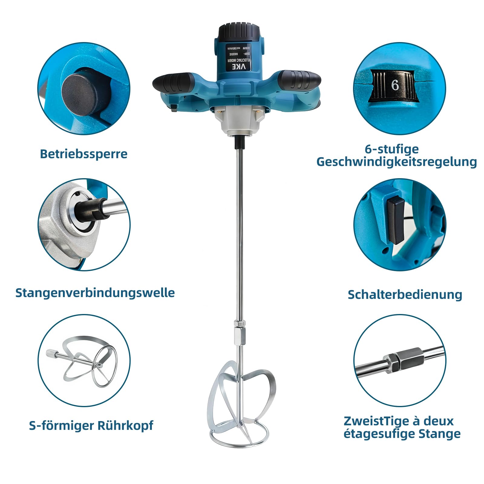 VKE Rührwerk, 6 Gang Mörtelrührer 2400W, Max. 1200 r/min Elektrischer Betonmischer mit Festdrehzahlknopf, Betonrührer, Quirl Mörtelrührer mit Aufbewahrungstasche