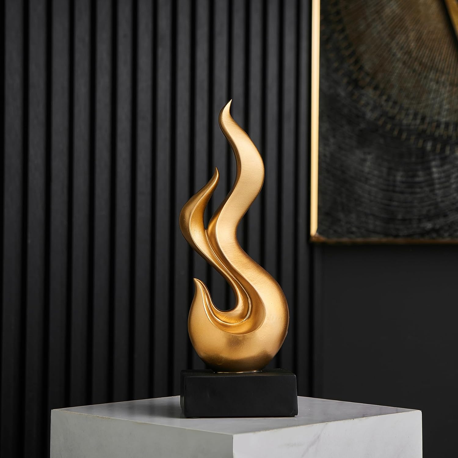 Modern Abstract Art Table Decoration, Gold Decor Flame Statue for Living Room Home, Black Shelf Decor Accents, Abstract Art Resin Sculpture for Dining Room, Office & Coffee Table Centerpiece (Gold)