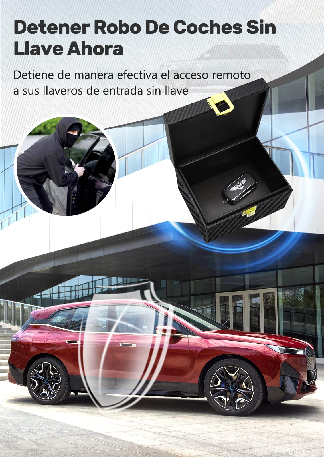 Caja Faraday Antirrobo & 2 funda Faraday para Llaves de Coche, Bloqueadora de RFID Bloqueo Señal Llaves Keyless en Cuero Fibra de Carbon Negro