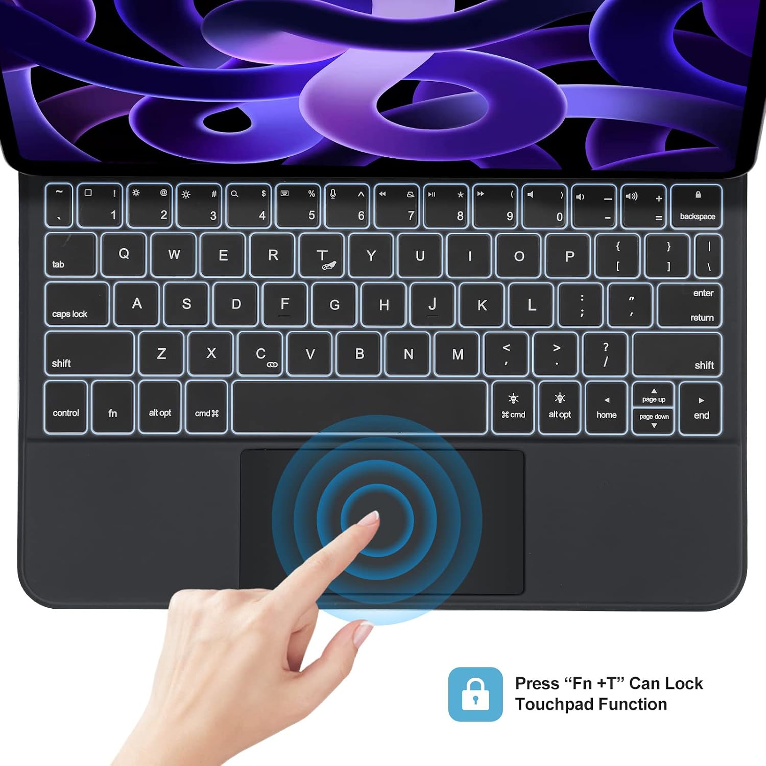 Close-up of SENGBIRCH Magic Keyboard trackpad with 'Fn+T' lock instruction
