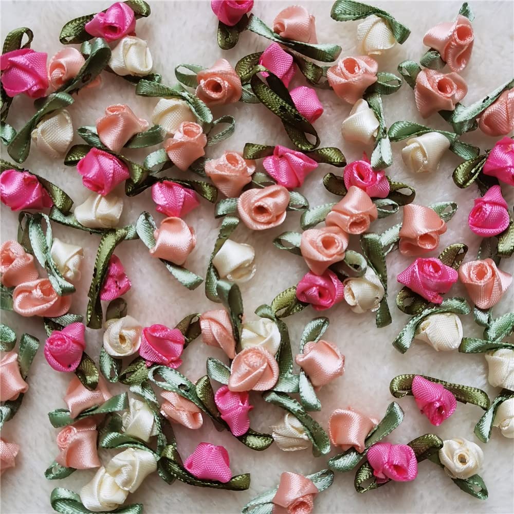 GORGECRAFT 200 Stks 10 Kleuren Mini Lint Rozen voor Ambachten Kunstmatige Stof Bloemen met Groene Bladeren Rozetten Kleine Bloem Satijn Linten