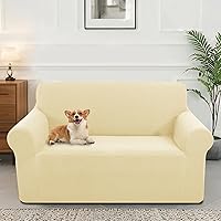 Vista 1 de Funda elástica para sofá, lavable, protector de muebles con espuma antideslizante y parte inferior elástica para niños, perros (sofá biplaza/beige)