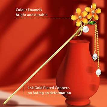 Hair Accessories,14k Gold Plated Copper, Vintage Handcrafted, Colour Enamels Small Daisy Pearl Tassels Hair Stick,Hair Clip. 7.28 Hair Chopsticks For Women