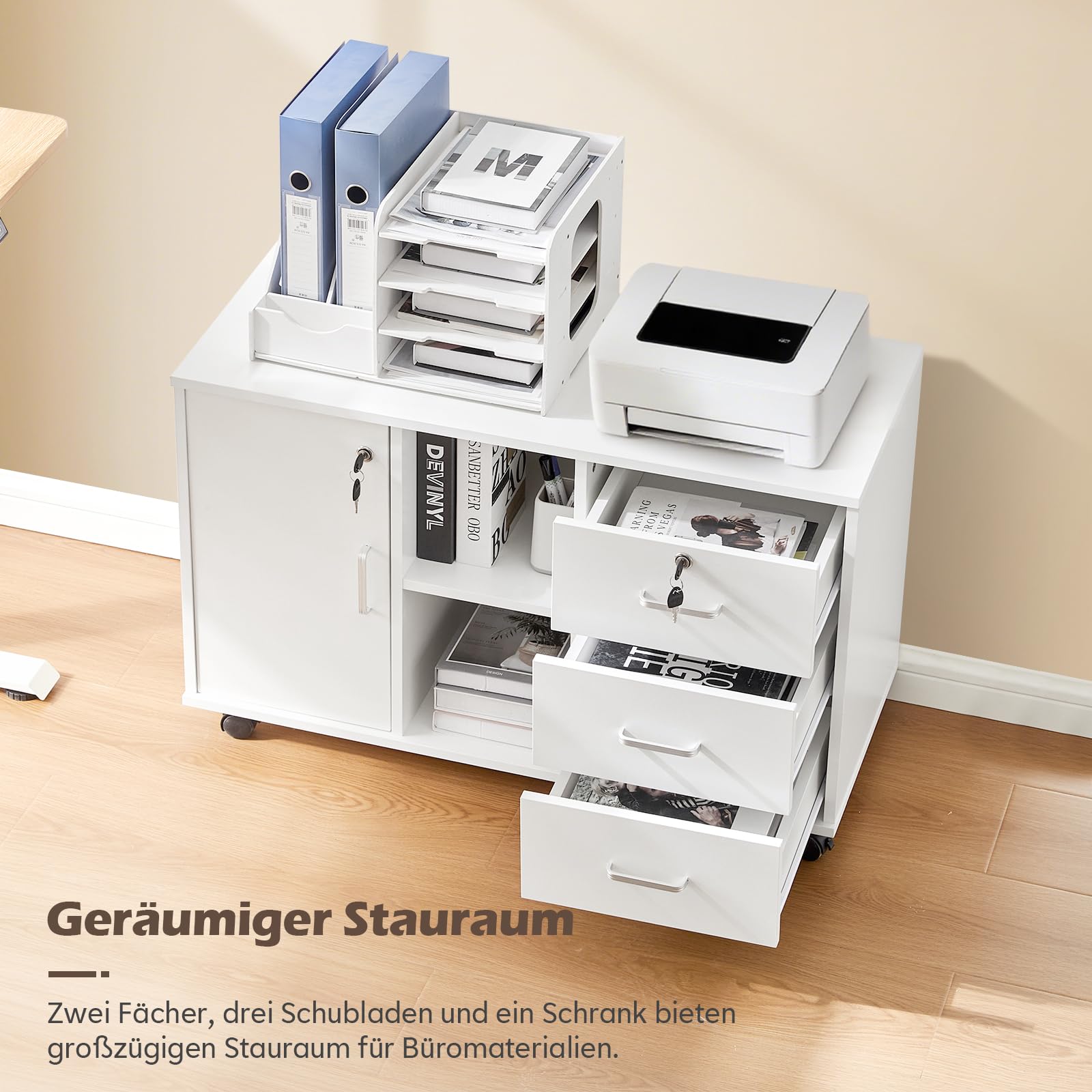 TUKAILAI Rollcontainer Abschließbar mit 3 Schubladen, Lagerung Fach und Offene Regale, Aktenschrank, Büroschrank mit Rollen, Dokumente in DIN-A4, Legal, Letter-Format, Büromöbel, Weiß