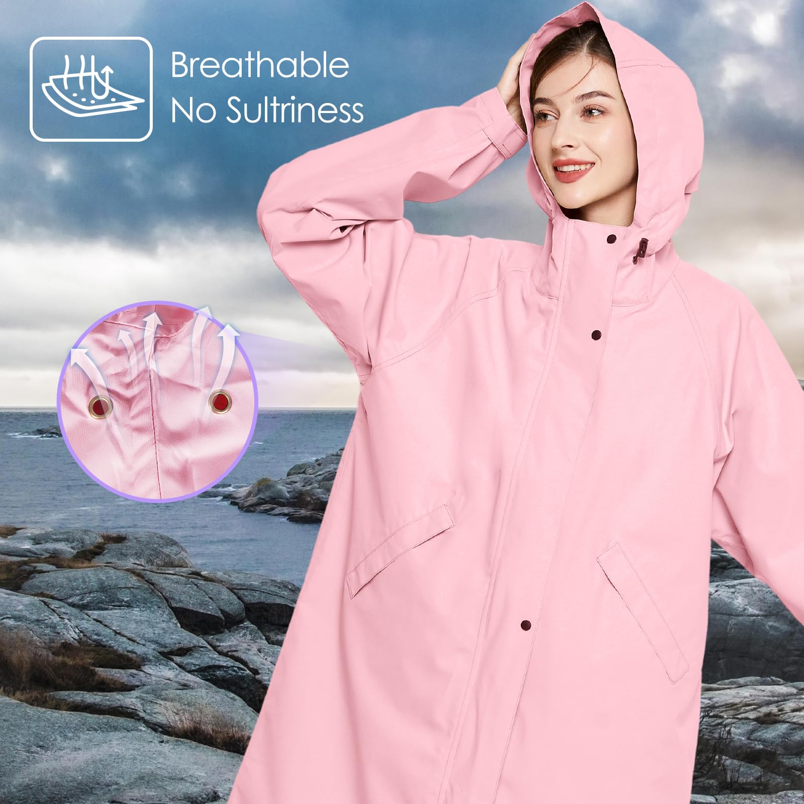 LAMA Long manteau de pluie pour femme, manteau de pluie léger avec capuche, veste de pluie imperméable, vêtement de pluie pliable