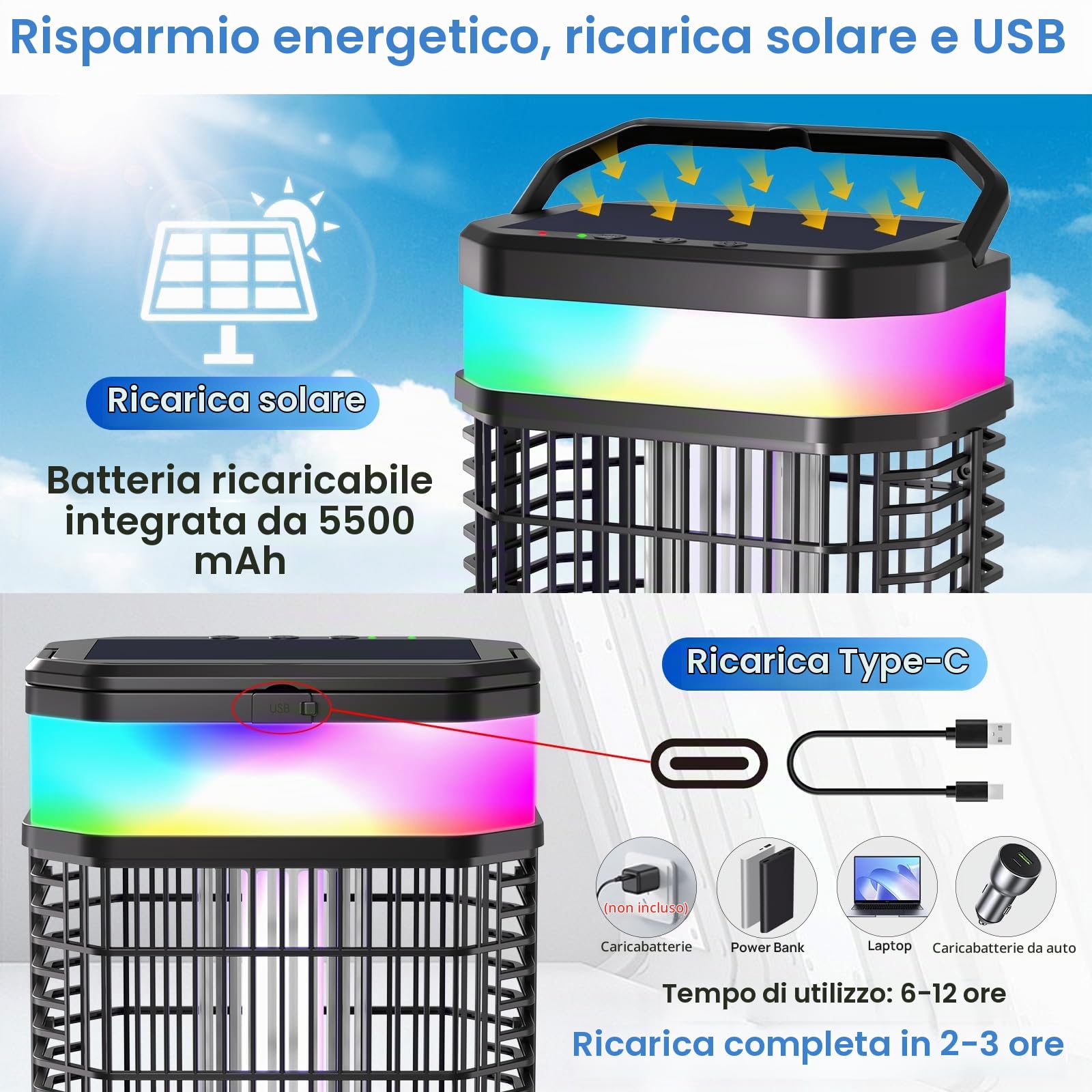 Solare Lampada Antizanzare Elettrico,Zanzariera Elettrica Esterno 4000V,Anti Zanzare Solare con 5500mah & LED,Ammazza Zanzare Ricaricabile & IP65 per Esterno,Interno,Giardino,Camping,Patio