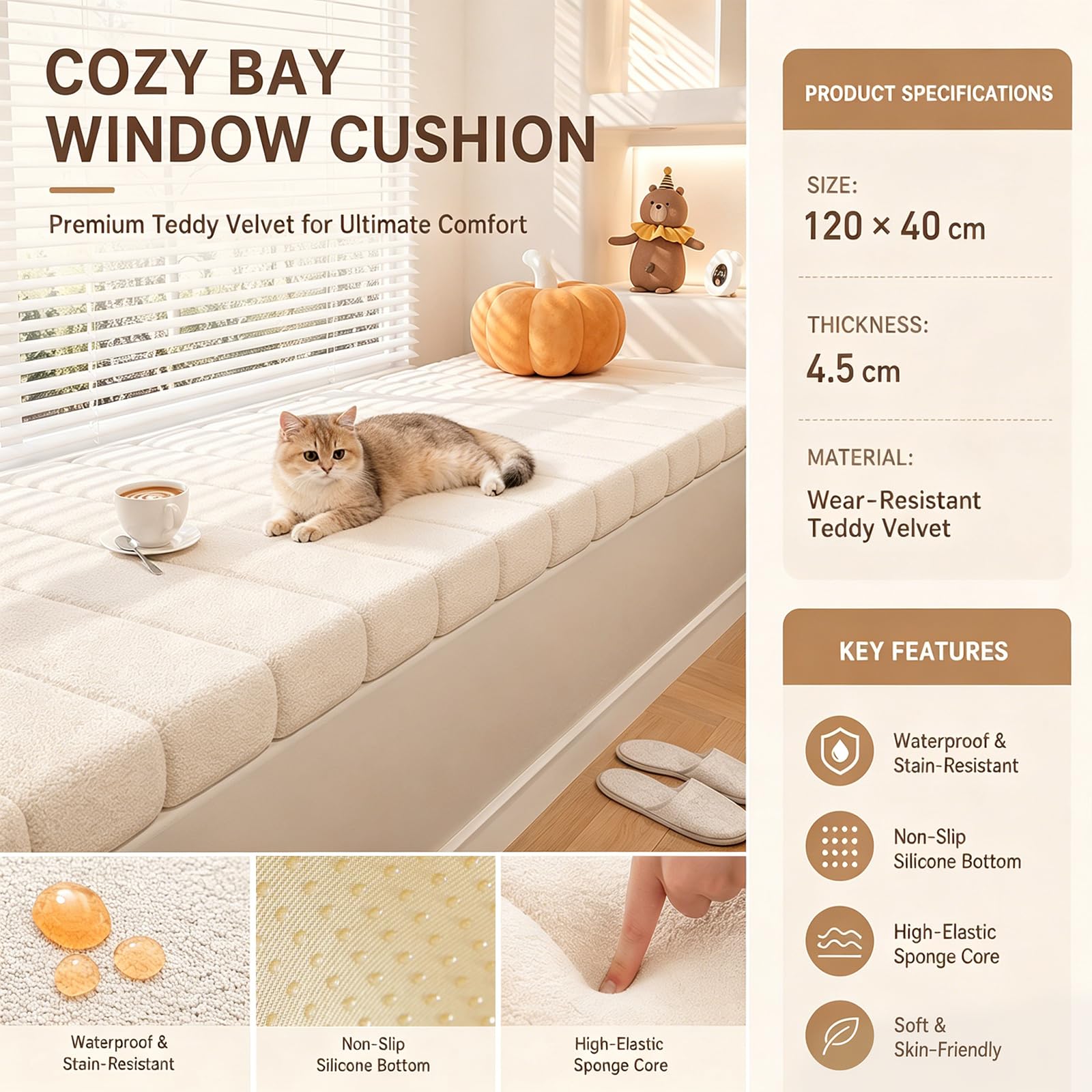 Generisch Cuscino per panca da giardino, 120 x 40 cm, spessore 4,5 cm, rimovibile e lavabile, con fondo antiscivolo, cuscino per panca da cucina (bianco)