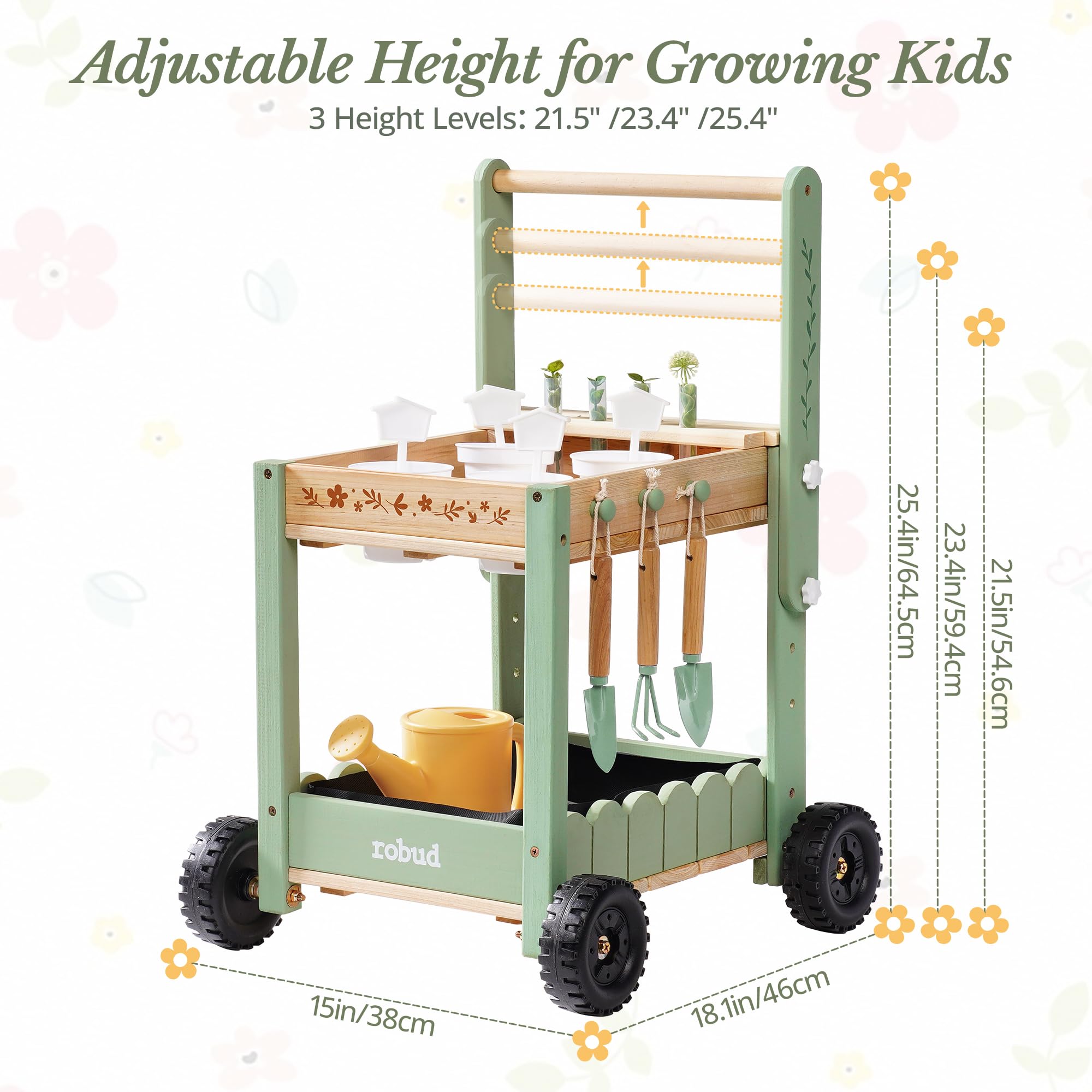 ROBUD Herramientas de jardín para niños con carro de madera, herramientas de jardín con regadera, pala, rastrillo manual, macetas y tubos hidropónicos, juego educativo de jardín para niños y niñas a