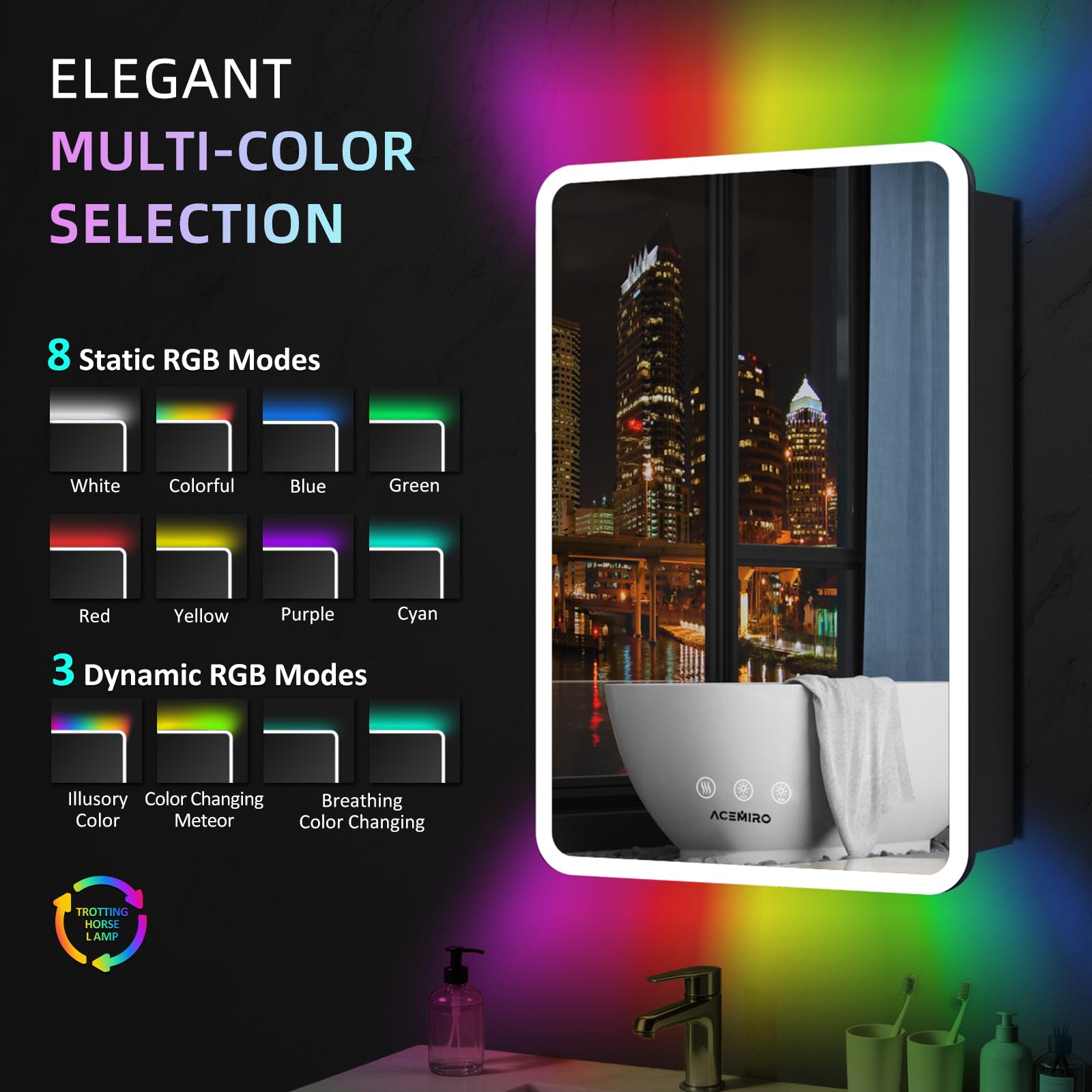 ACEMIRO Botiquín con luces, 20 × 32 pulgadas iluminado botiquín con espejo, botiquín de baño LED con retroiluminación RGB e iluminación frontal, desempañador, atenuación, ajuste CCT, montaje en