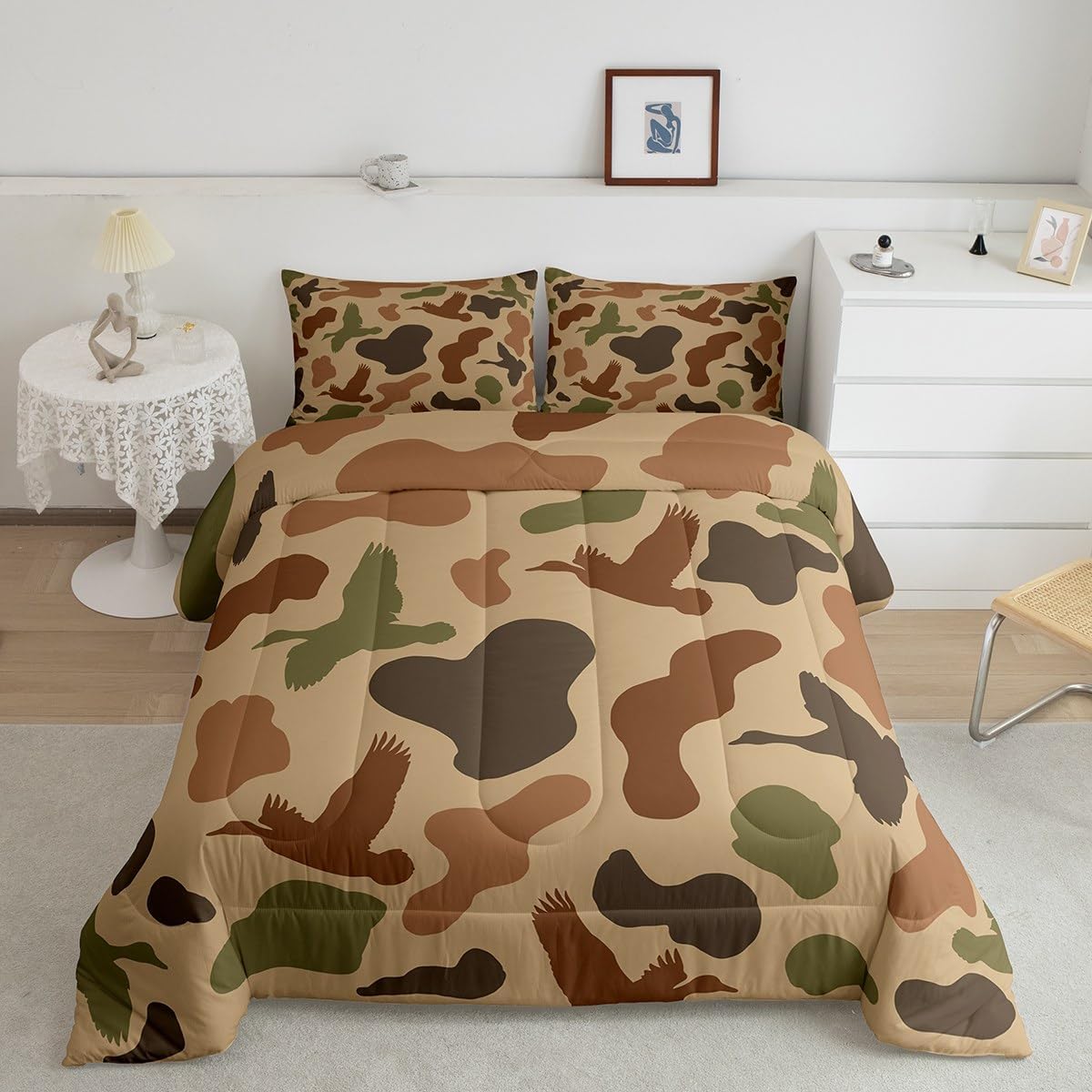 Feelyou Camo and Duck Bedding Set Boys Girls Twin Size Duck Hunting Comforter Set for Kids Women Men Ultra Soft Duck Hunter Comforter Brown Green Duvet Set Room Decor Quilt Set