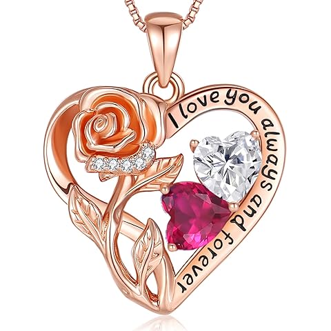 925 Sterling Silver Double Birthstone Rose Flower Heart Jewelry Necklaces for Women Anniversary Love Forever Necklaces for Her Birthday Gifts for Wife Girlfriend Mom Mothers Day Rose Gold