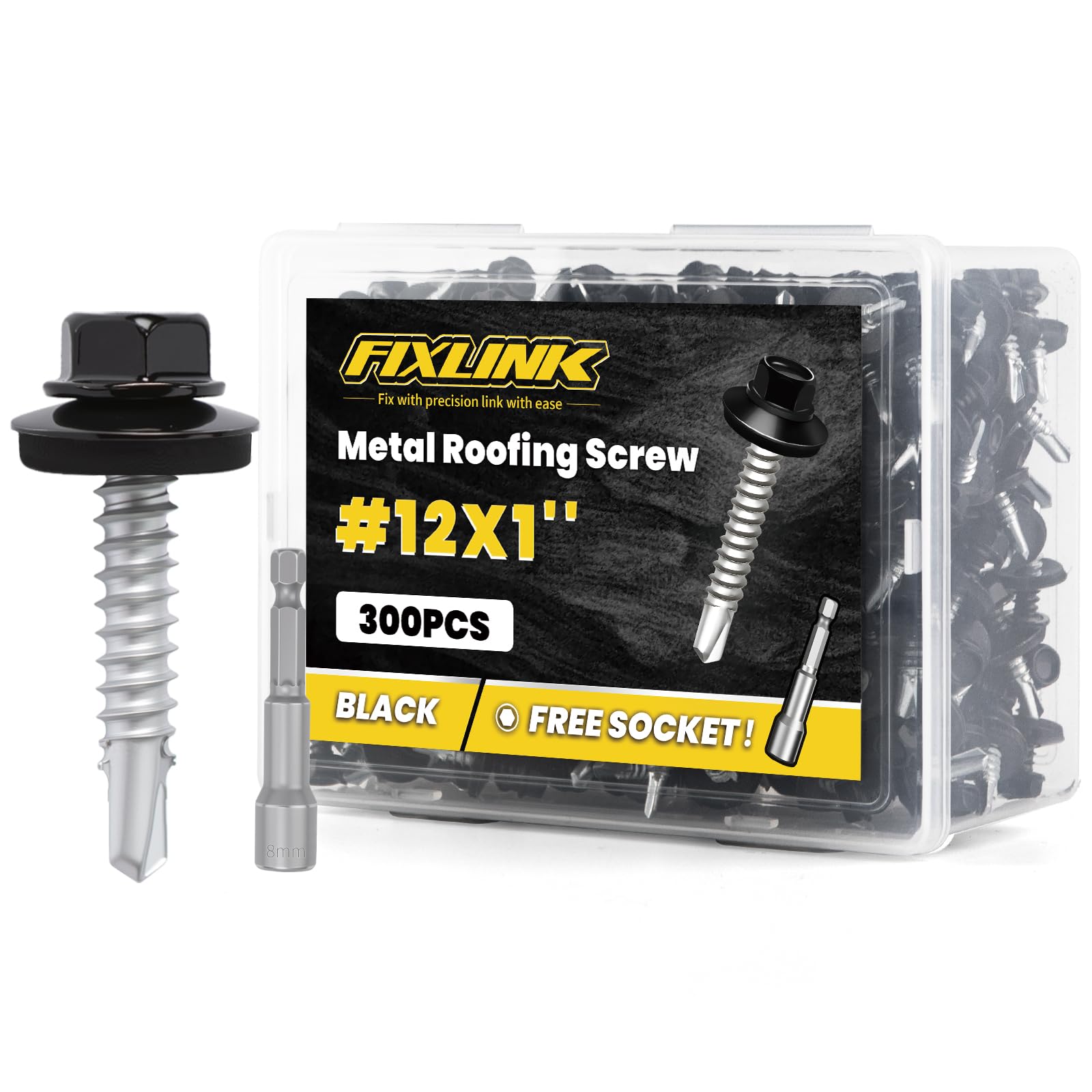 Metal Roofing Screws #12 × 1", 300 PCS, FIXLINK Baking Paint Hex Head Rubber Washer Sheet Metal Roof Screws Self Drilling Metal to Wood Siding Screws,