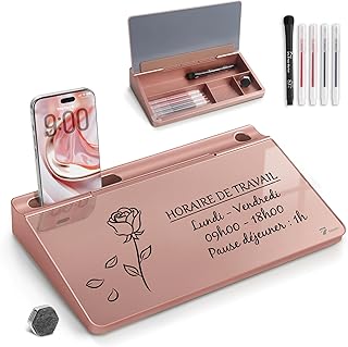TOWON Small Compact Glass Desktop Whiteboard with Storage – 12 x 7 in Dry Erase Board for Desk, Home Office, School | Includes 5 Markers, Eraser & Holder | Space-Saving Organizer, Aesthetic Rose Gold