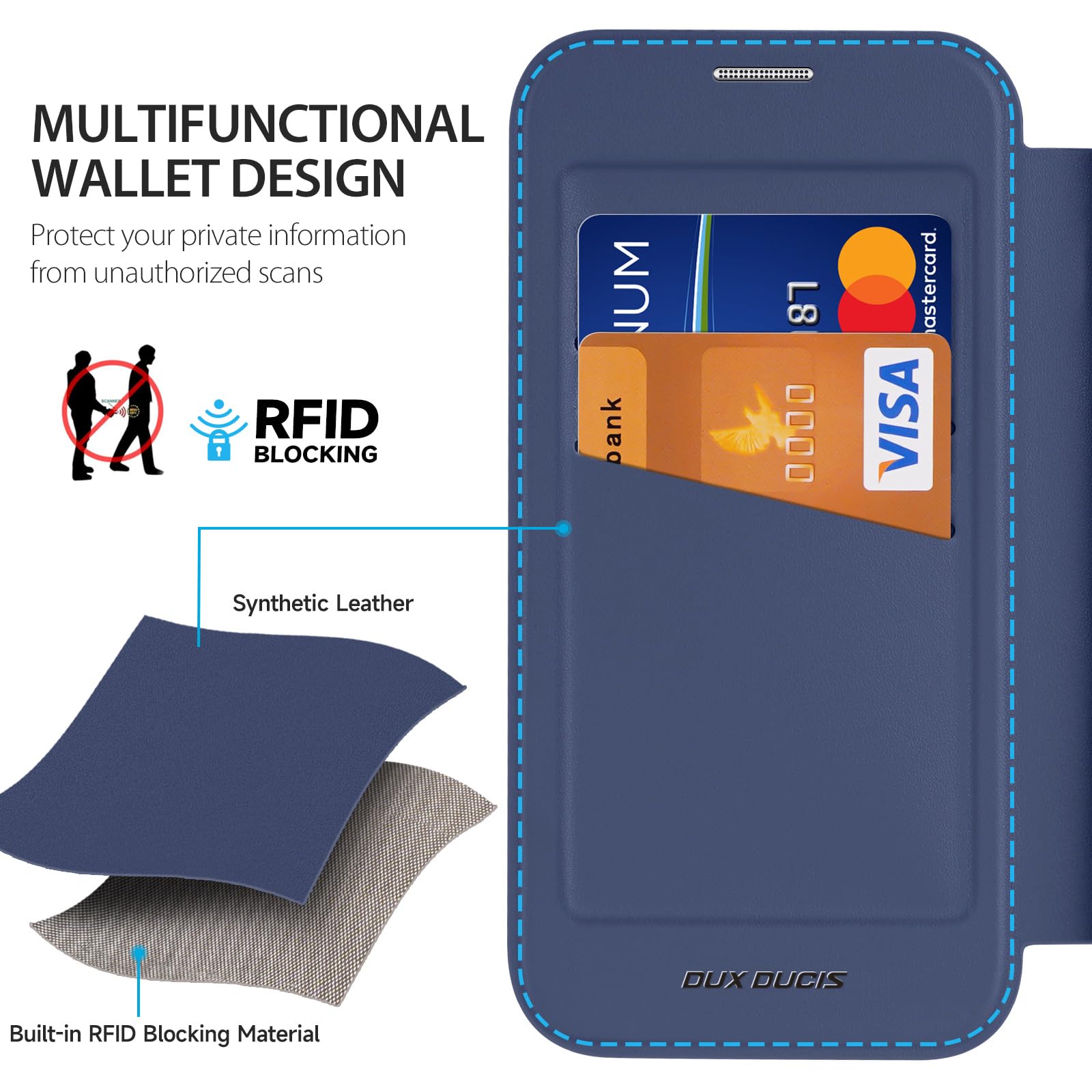 DUX DUCIS iPhone 16 Pro Case Wallet with Card Holder - RFID Blocking, MagSafe Compatible Premium Leather Flip Folio Cover (6.3", Blue) - Image 4