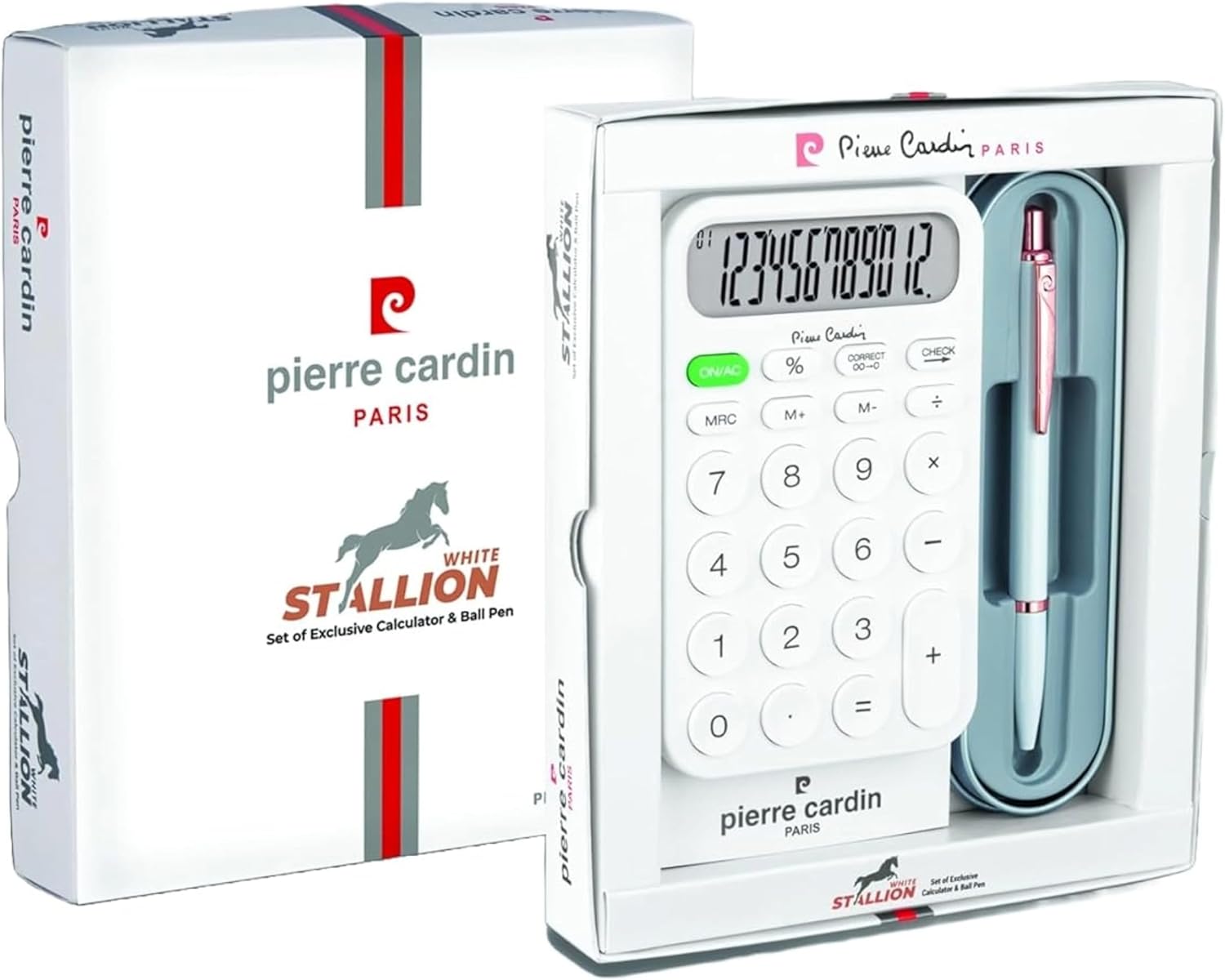 Pierre Cardin White Stallion Gift Set | Premium White Body Pen & Large Display 12 Digits Calculator | Ideal For Christmas, New Year & Corporate Gifting
