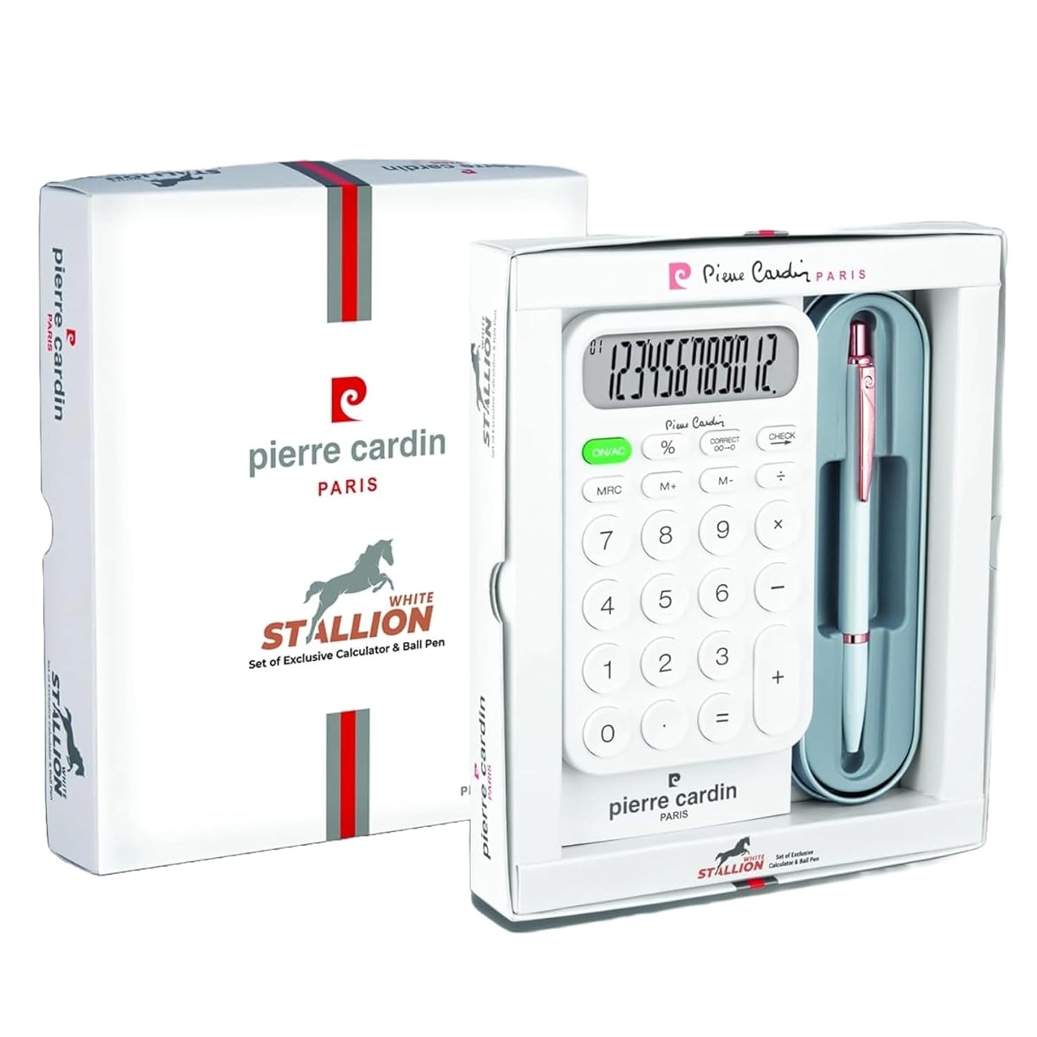 Pierre Cardin White Stallion Gift Set | Premium White Body Pen & Large Display 12 Digits Calculator | Ideal For Christmas, New Year & Corporate Gifting