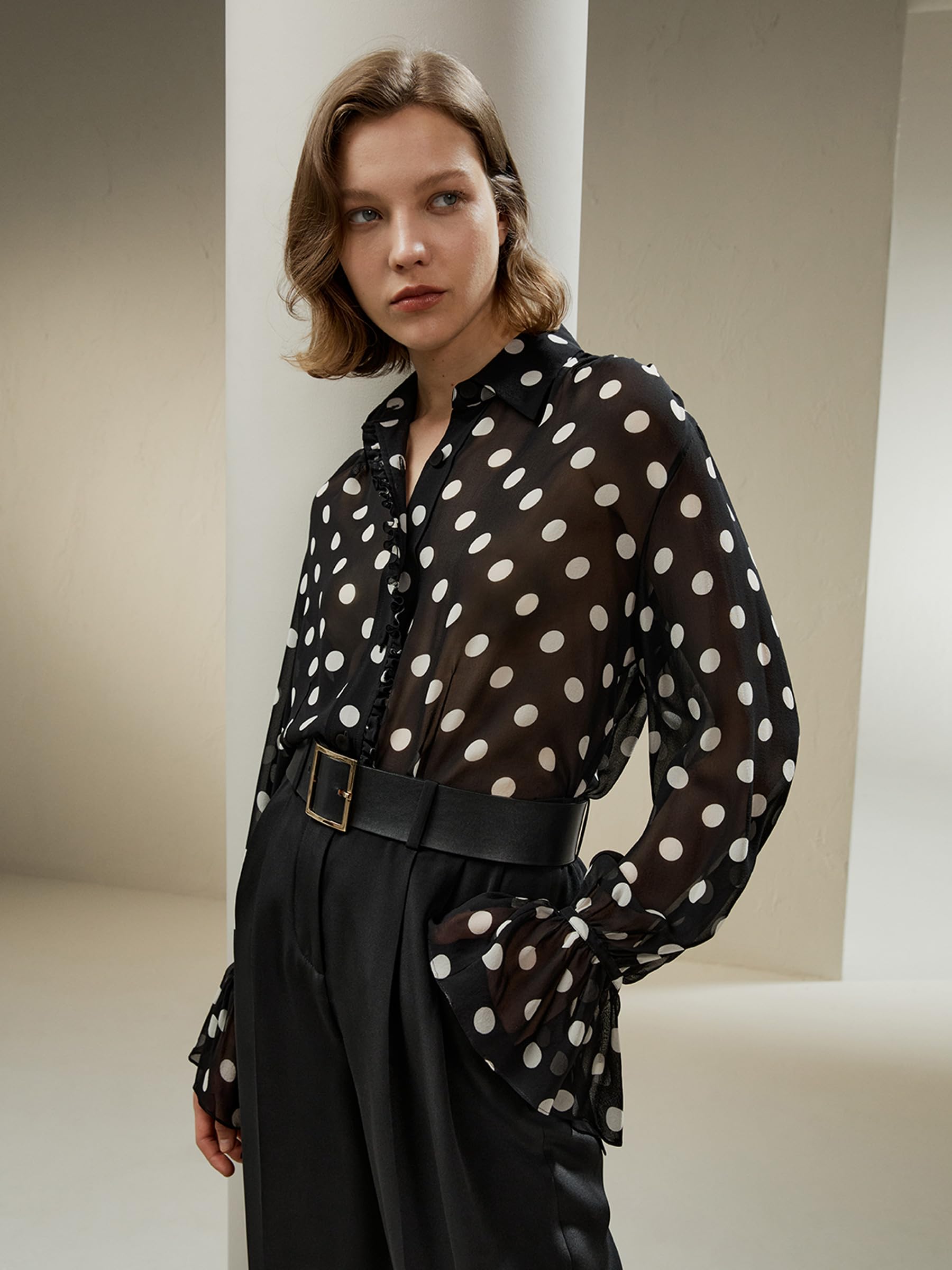 LilySilk Damen Seidenhemd Frauen weiße Dot Print Bluse mit Schleifen Ärmeln und Rüschen Knopfleiste am Knopfverschluss leicht und glatt