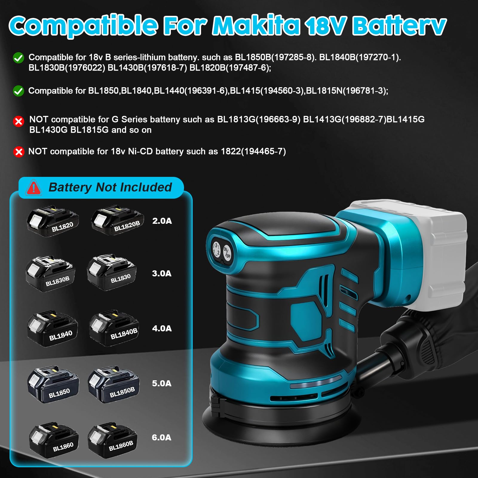 WingFly Ponceuse Excentrique pour Makita 18 V batterie, 125mm, 3 vitesses | Ponceuse orbitale 7000-11000 tr/min, Livrée avec 15 Disques Abrasifs, idéale pour le travail du bois professionnel