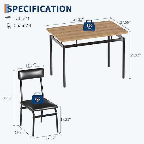 Miniatura 4 de Garvee Juego de mesa de comedor de 5 piezas, juego de mesa de cocina de madera con 4 sillas tapizadas de poliuretano, marco de metal industrial para