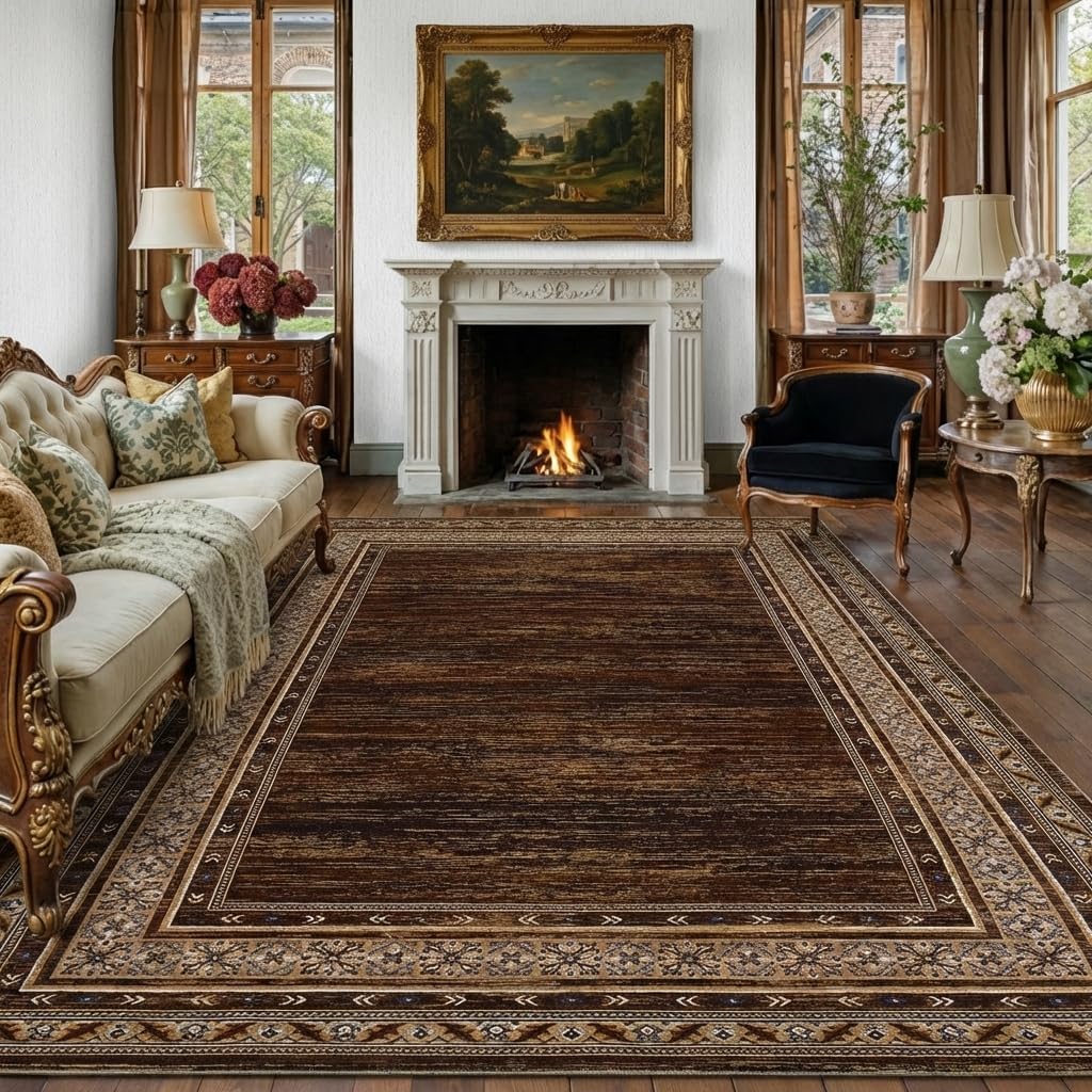 Modern Solid Area Rug 5x7 Washable Non Slip Neutral Rugs for Living Room, Non-Shedding Stain Resistant Bordered Throw Carpet, Foldable Floor Rugs for Bedroom Dining Table, Red Brown