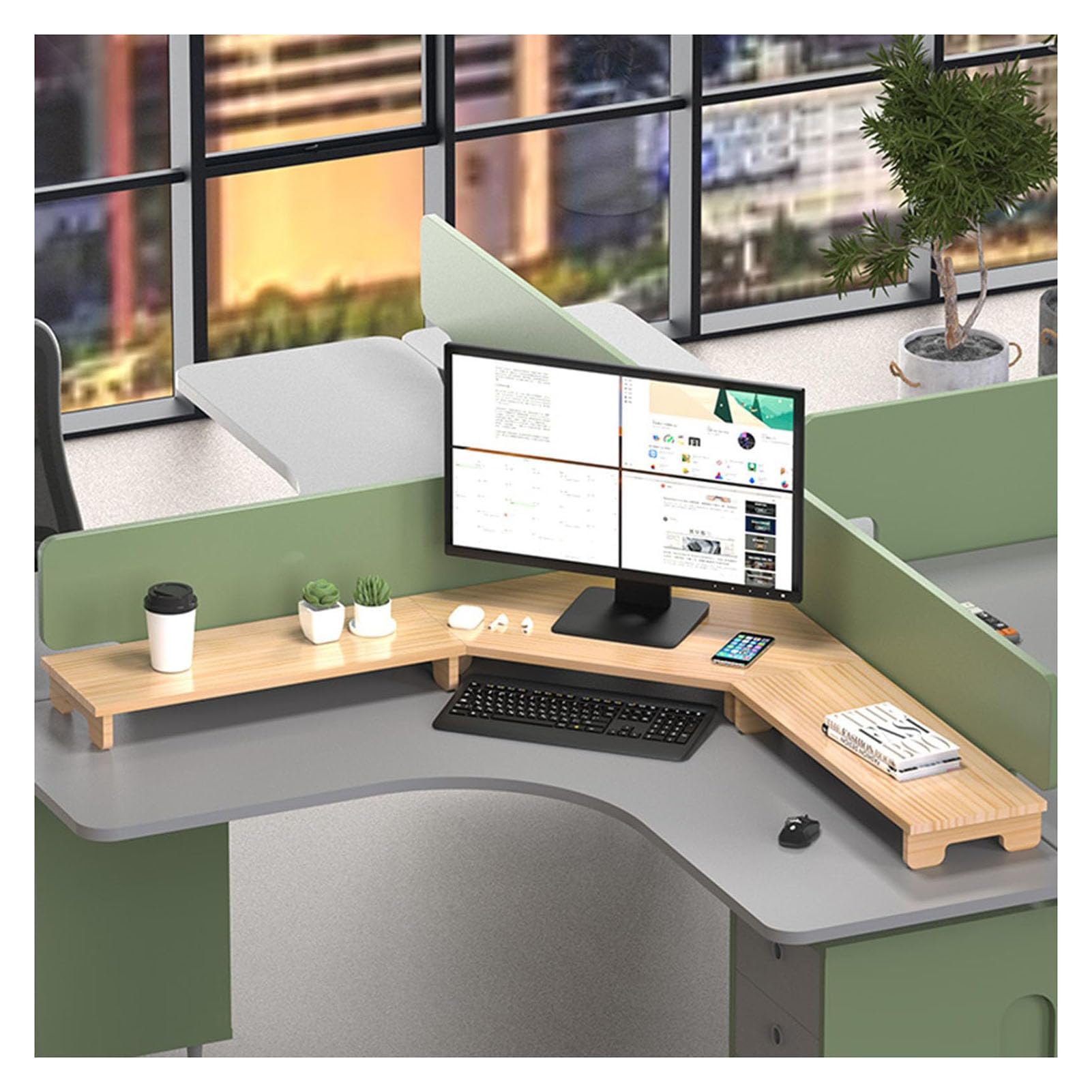 Supporto per Monitor a L per 3 Monitor, Ampio Supporto per Monitor da scrivania angolare ergonomico, Robusta Piattaforma di Supporto per Laptop ad Arco in Legno, Facile da Montare.