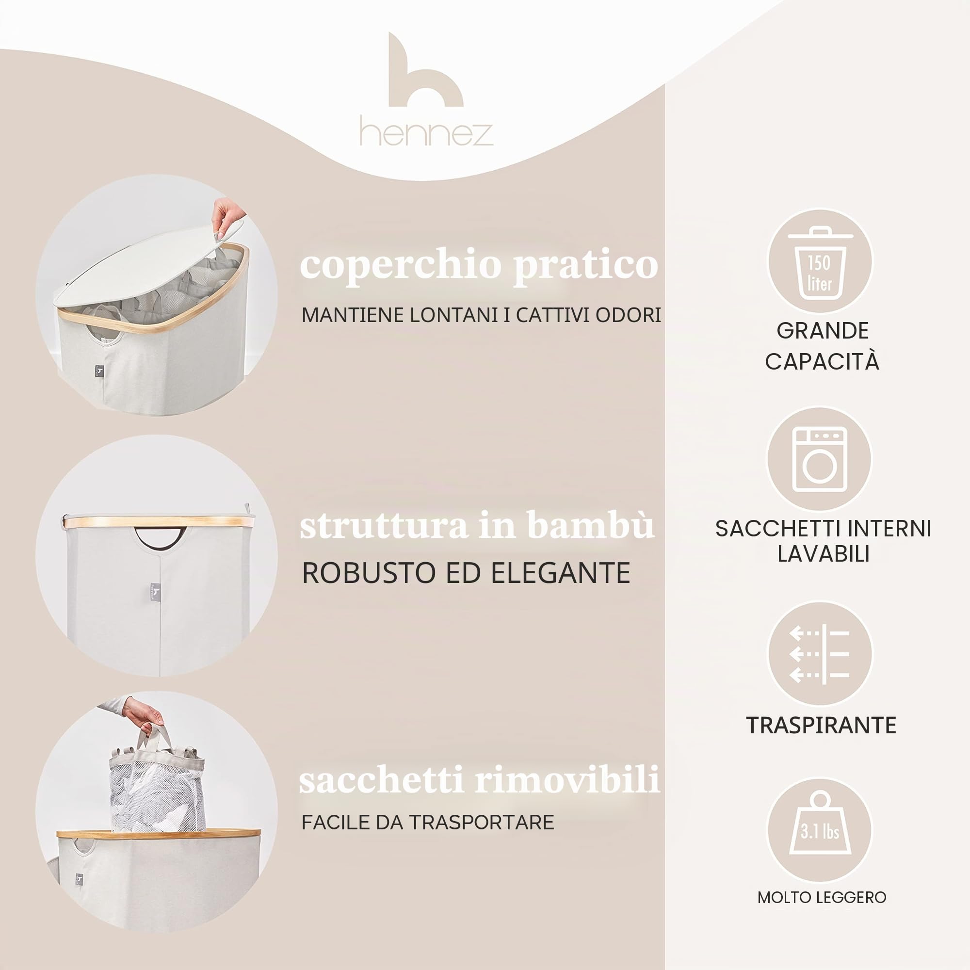 HENNEZ - Cesto Portabiancheria con Coperchio Grigio Chiaro/Beige 150L - 3 Scomparti - Cesta per Panni Sporchi in vimini - Cesta Porta Biancheria Sporca per Bagno - Cesto Portabiancheria Salvaspazi