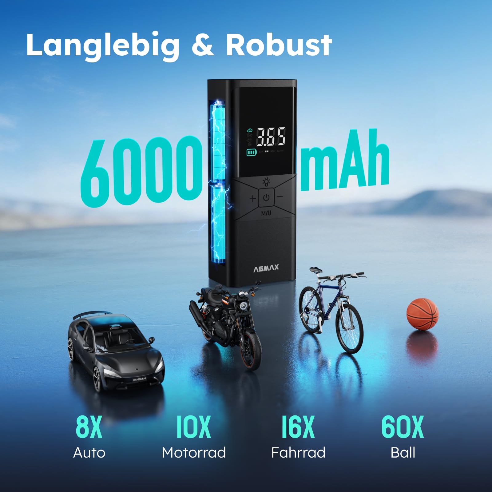 ASMAX T40 Elektrische Luftpumpe 6000mAh, Akku-Kompressor 150 PSI/10,3 Bar | 25L/min Schnellaufpumpen, LED-Licht, Digitaler Reifendruckmesser, Tragbare Fahrradpumpe für Auto, Motorrad, Fahrrad und Bälle