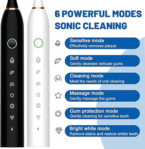 Miniatura 5 de Paquete de 2 cepillos de dientes eléctricos con 8 cabezales de cepillo, IPX7 resistente al agua, 6 modos, 42000 vpm con temporizadores inteligentes,