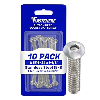 Fastenere Button Head Socket Cap Screws - 5/16-24 x 1-1/8" 10 Pack Stainless Steel 18-8, Full Thread, Bright Plain Finish, Corrosion-Resistant, Machine Thread, Easy to Install w/Allen Socket Drive