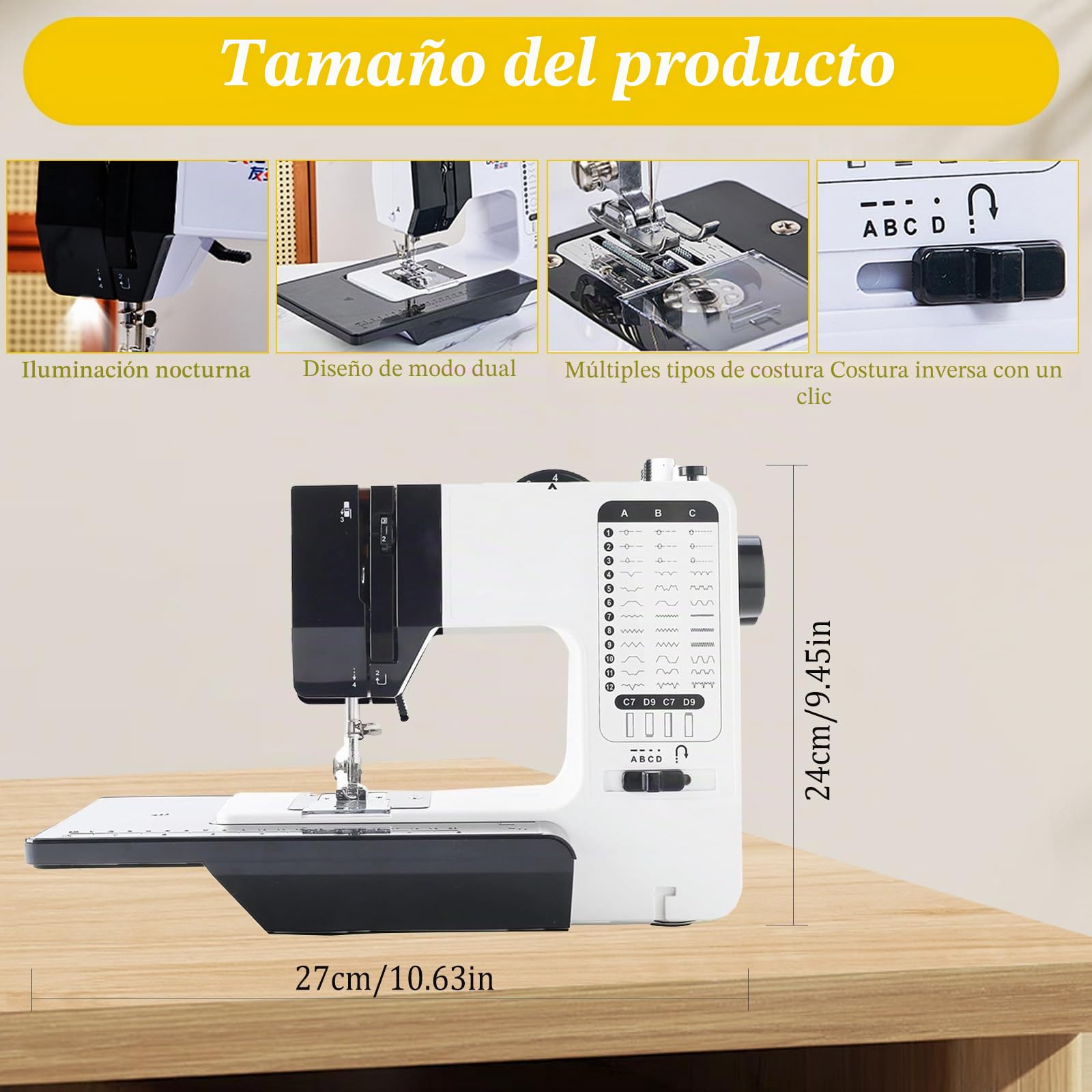 Máquina de coser eléctrica portátil con mesa deslizante, 38 programas de puntada para principiantes y niños, máquina de coser Mini con velocidad ajustable con pedal y juego de costura