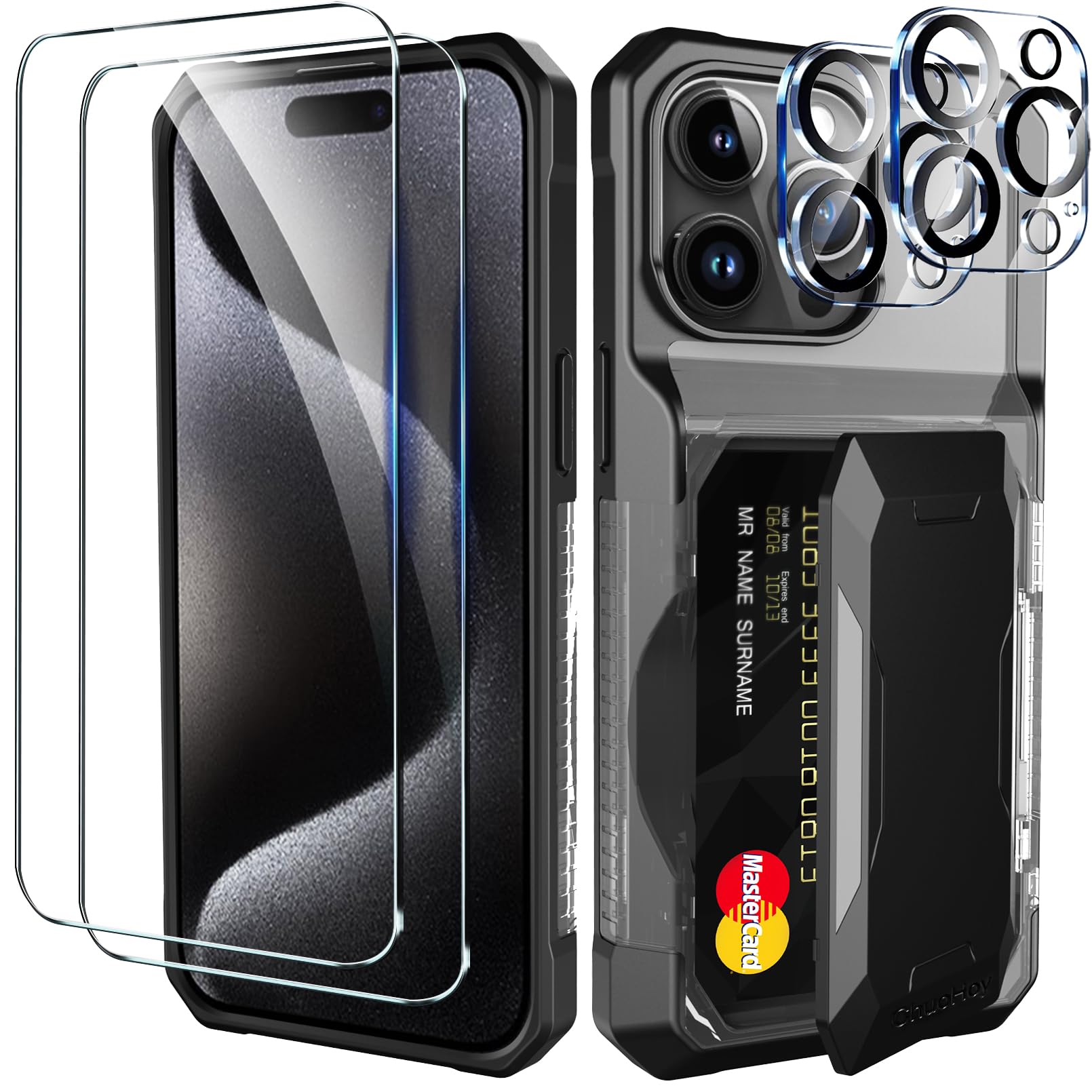 Case Wallet for Apple iPhone 15 Pro Max Case with Card Holder Accessories, with 2 Pack Screen Protector 2 Pack Camera Lens Cover Protective, Cute Phone Case Woman Men Women