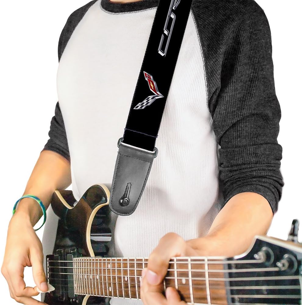 Buckle-Down Guitar Strap - CORVETTE/C7 Logo Black/Silver/Red - 2" Wide - 29-54" Length