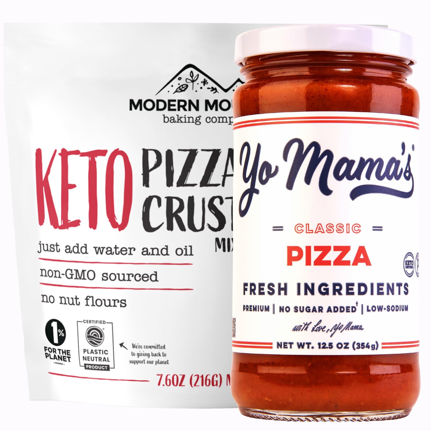 Yo Mama's Keto Pizza Sauce & Keto Pizza Crust Bundle - Just 2g Net Carbs Per Serving - The Easy Keto Pizza Night Kit - Incredible Pizza Taste and Texture - Low Carb - Zero Added Sugar - Non-GMO Sourced (One 12.5 oz. Jar Yo Mama's Pizza Sauce, One Pouch Modern Mountain Keto Pizza Crust Mix)