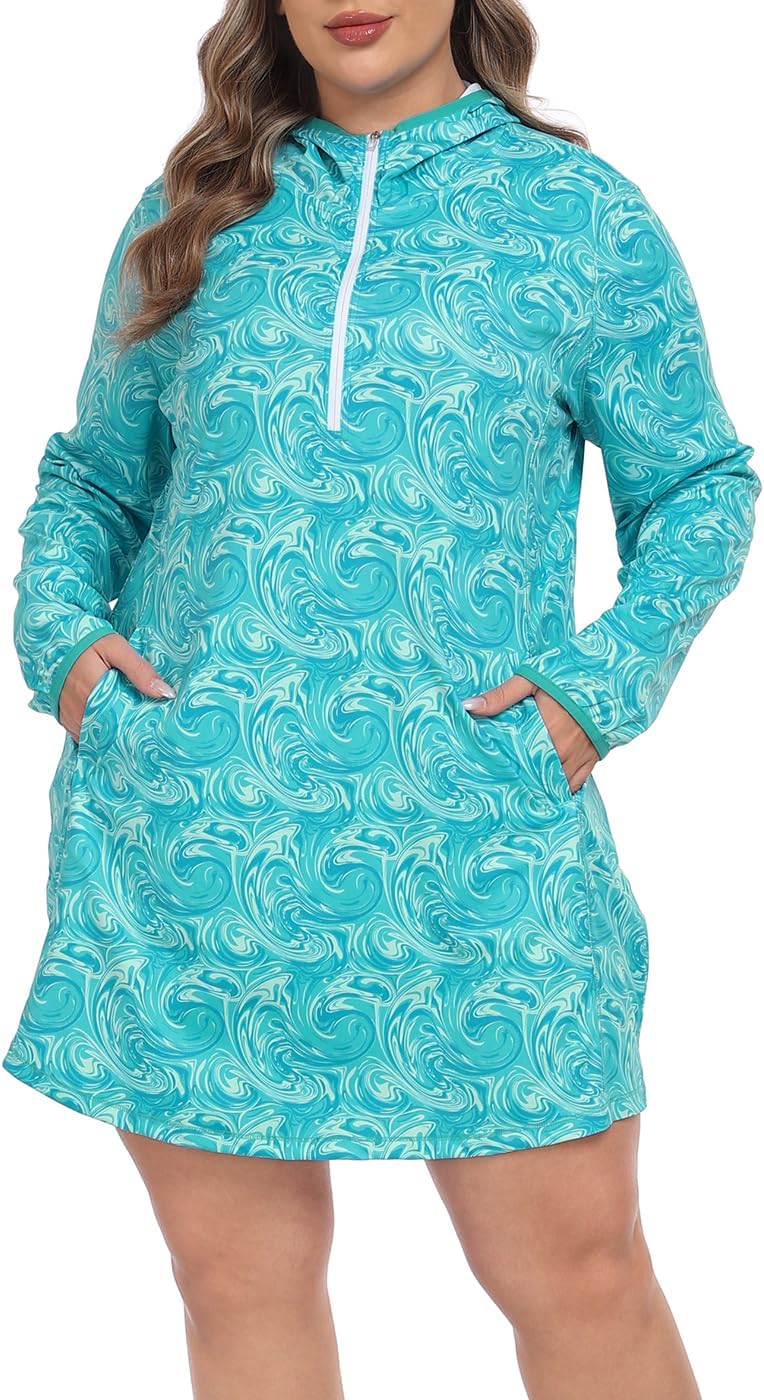 HDE Womens Plus Size Swim Coverup Dress Hood UPF 50 Long Sleeve Cover Up