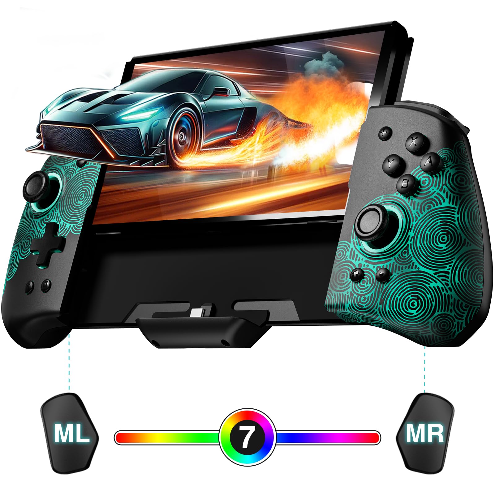 Luminpad ergonomischer Schalter-Controller, kompatibel mit Switch/OLED, 7 LED-Farben/Turbo/Mapping – Schwarz