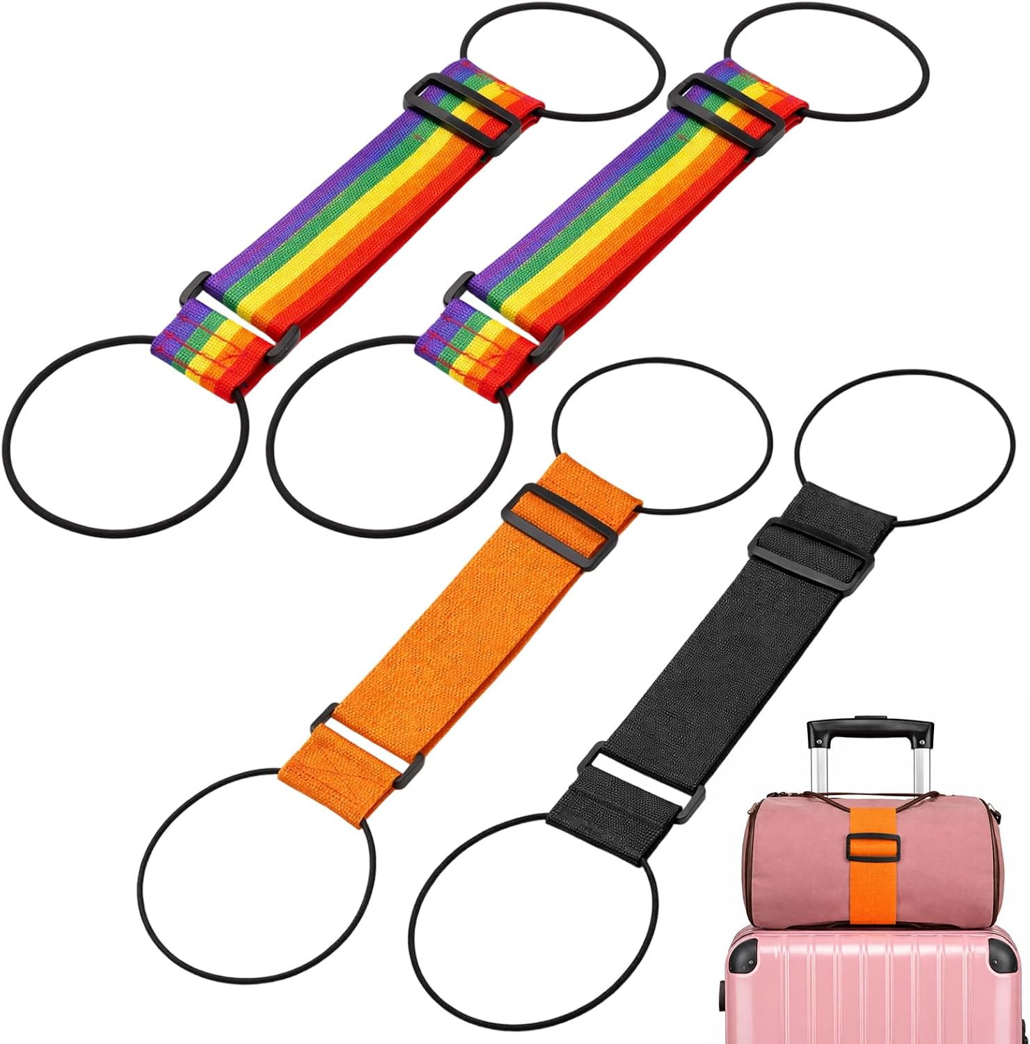 4PCS Luggage Connector Straps for Suitcases, Secure Luggage Straps with Colorful Rainbow and Black Orange Options, Versatile Luggage Connector Straps for Travel Organization,