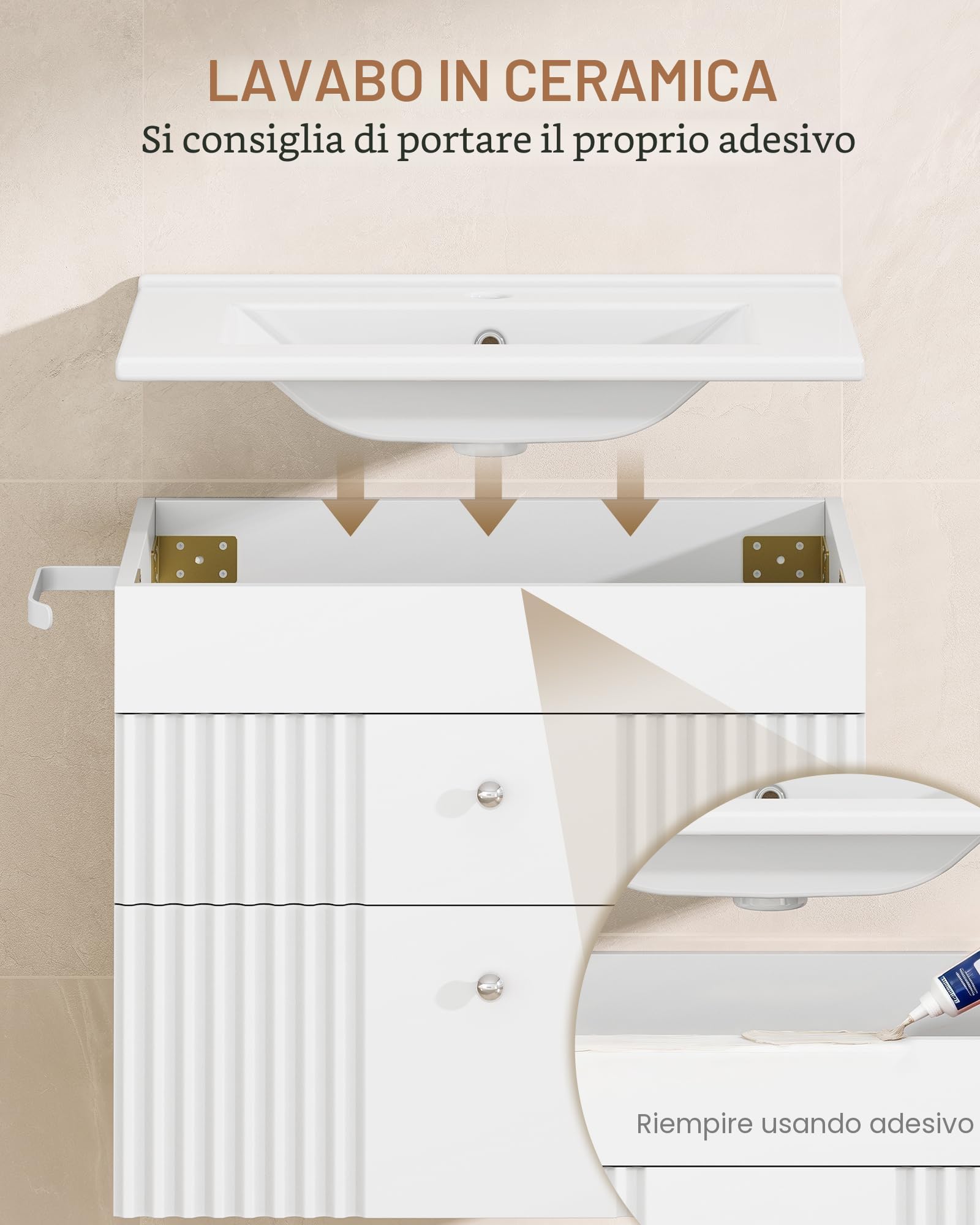 Hzuaneri Mobiletto da Bagno Sospeso a Parete, con Lavabo Integrato in Ceramica, 2 Cassetti, Portasciugamani, Mobile Bagno, Archiviazione ad Alta Capacità, 40 x 60 x 50 cm, Moderno, Bianco BC64103X