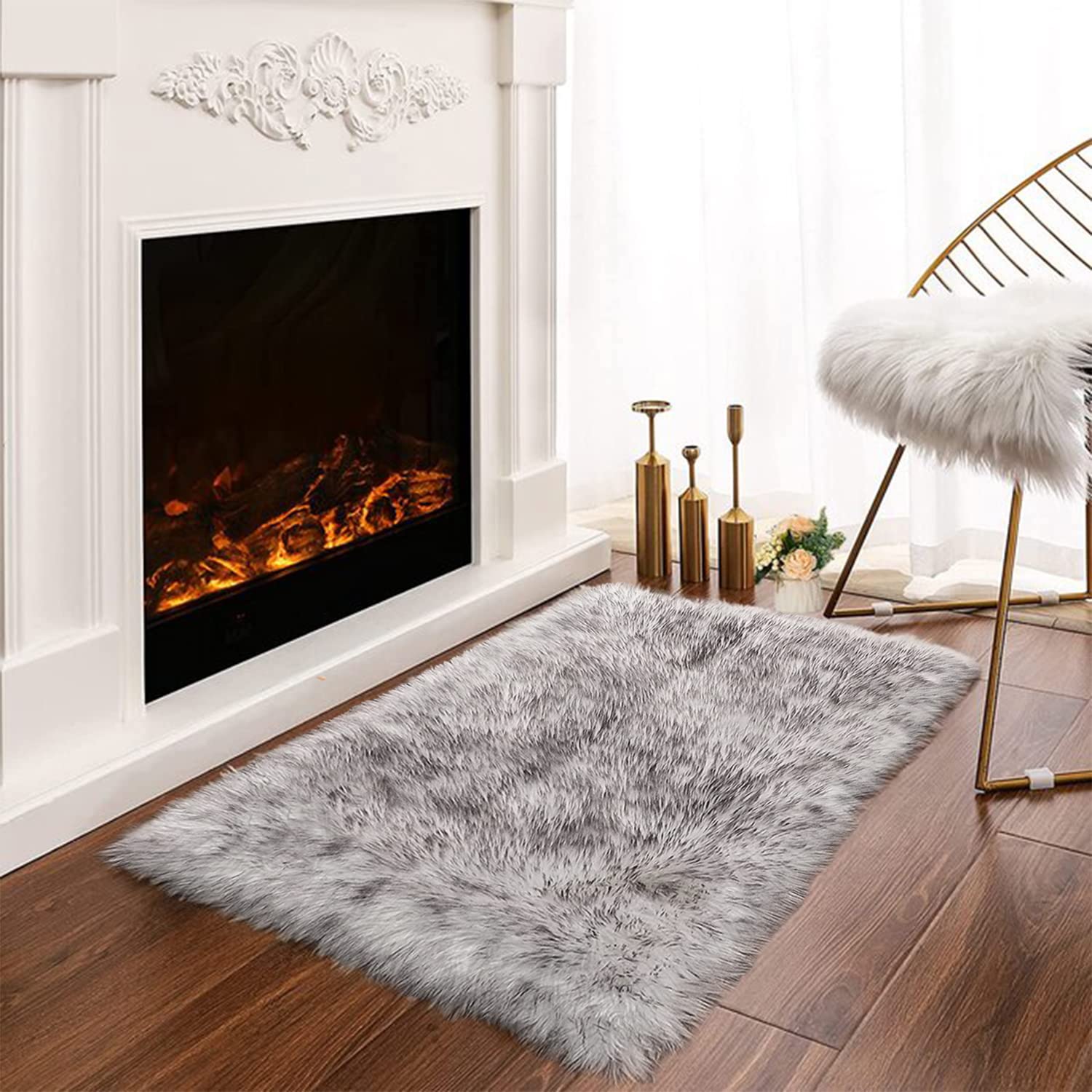 Latepis White with Grey Tips Rug Small Bedroom Rug 2x3 Washable Rugs Soft Shaggy Rug Fuzzy Rug Faux Sheepskin Fur Rug for Cushion Cat Mat Home Décor, Rectangle