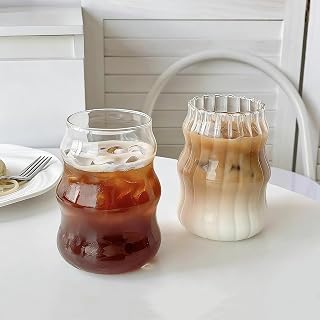 2 Pcs Cute Ribbed Glass Cups 18 oz | Aesthetic Design, For Coffee, Iced Drinks, Matcha, Aesthetic Gift, Vintage Design