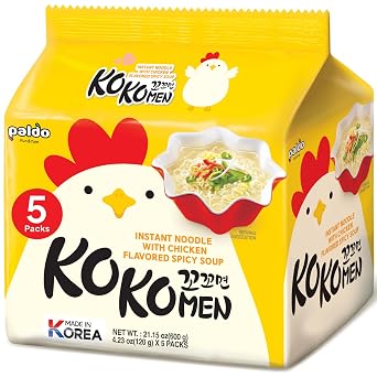 Korean Food Paldo KOKOMEN Instant Noodle, Chicken Flavored Spicy Soup Ramen, 4.23 oz x 5 Packs Total 21.15 oz, Korean Style Instant Ramen