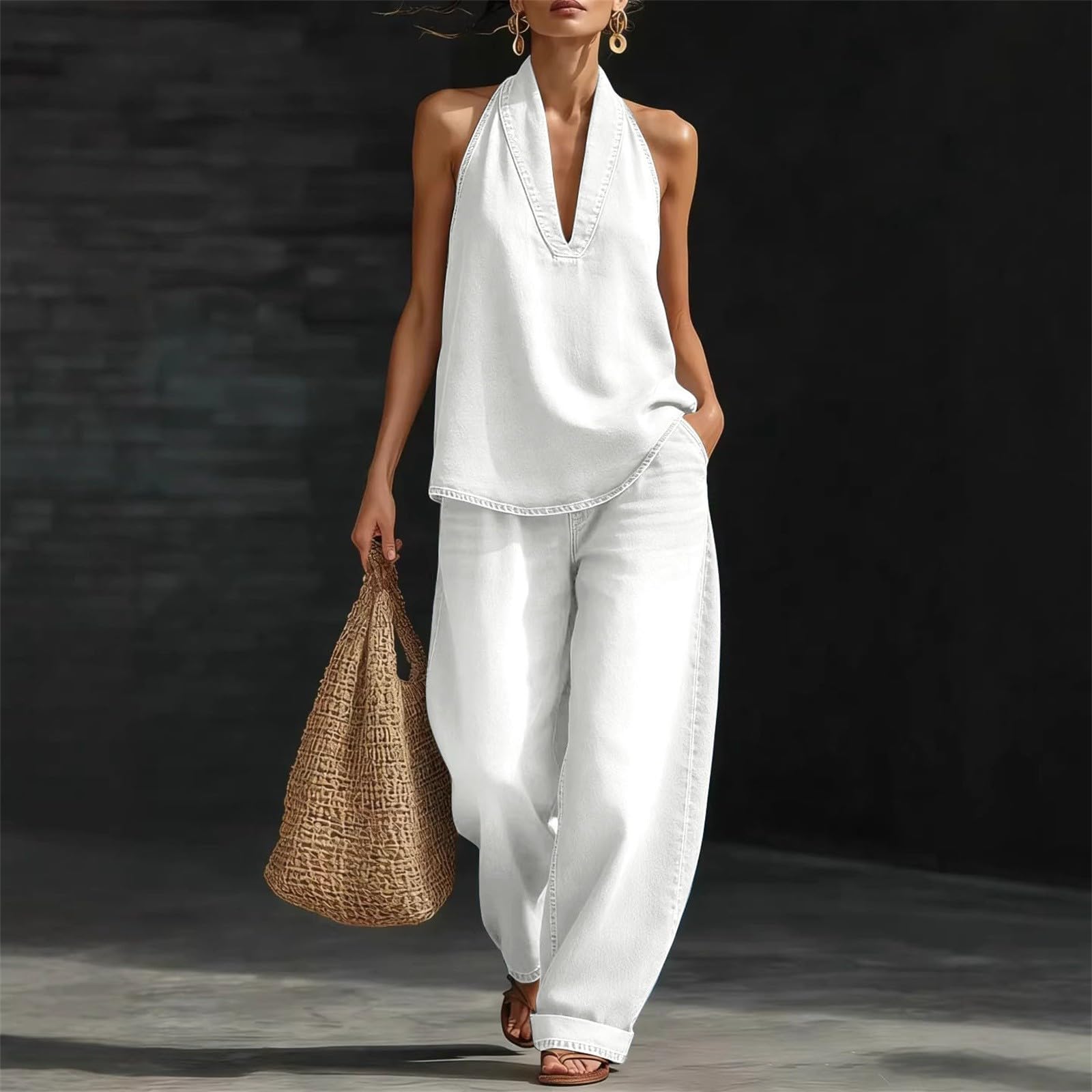 Traje de pantalón para mujer de verano de dos piezas, cuello en V, parte superior vaquera con anchos, pantalones vaqueros con solapa, cuello con botones, juego de camisetas vintage, ropa de salón